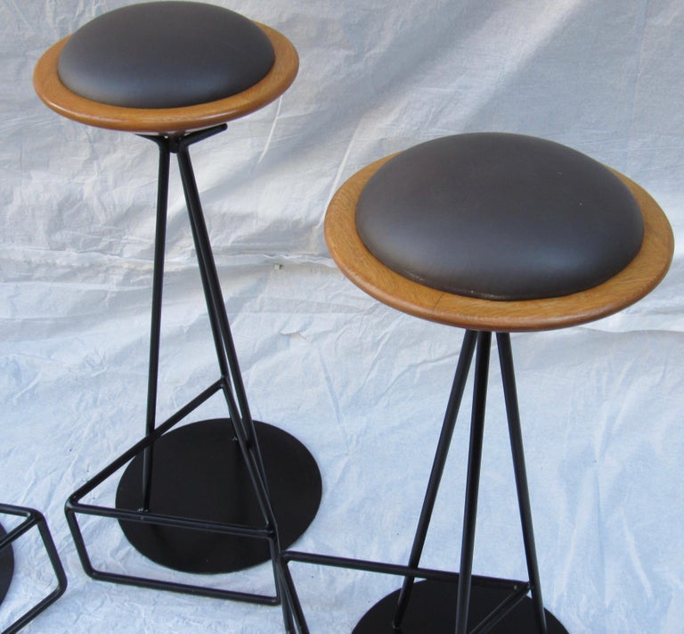 3 Oak and Wrought Iron Bar Stools Palm Springs California, 1960s at 1stDibs