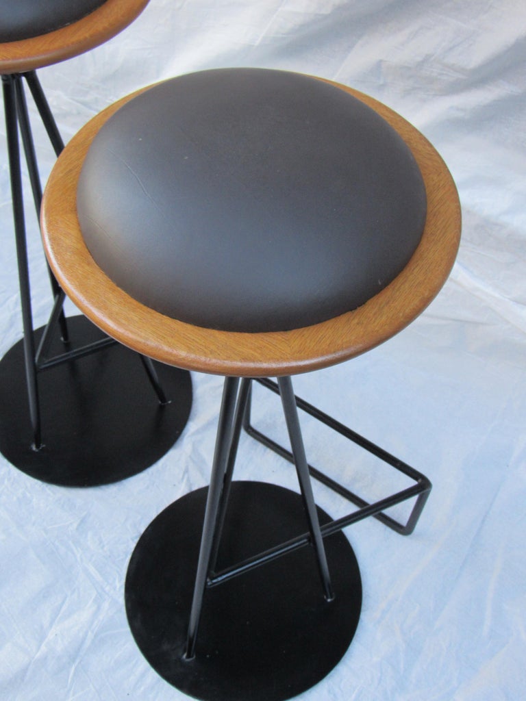 3 Oak and Wrought Iron Bar Stools Palm Springs California, 1960s at 1stDibs