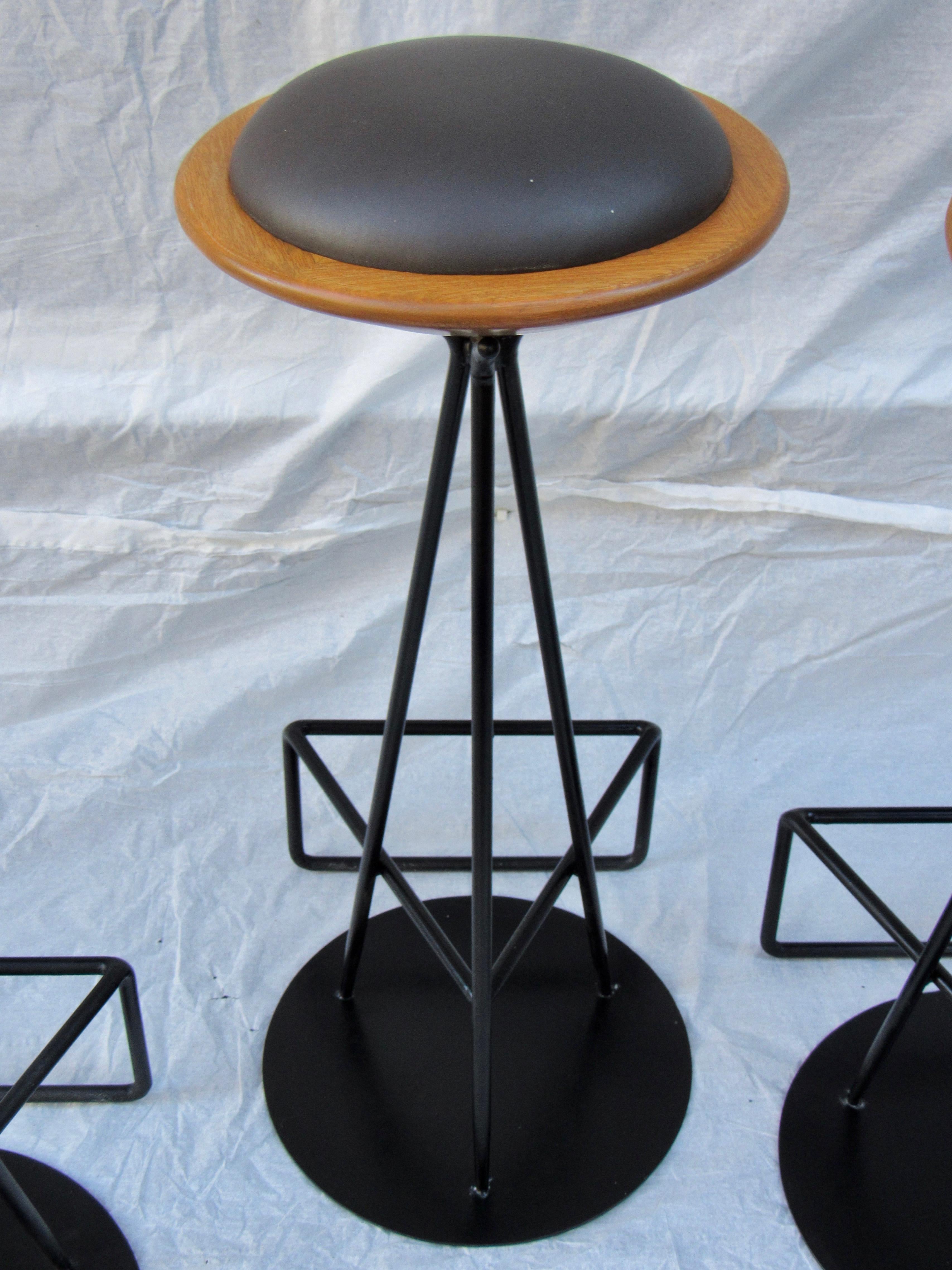Turned 3 Oak and Wrought Iron Bar Stools Palm Springs California, 1960s