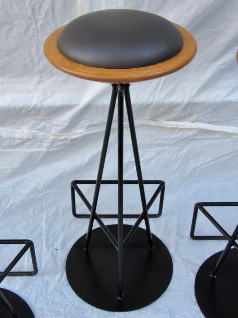 3 Oak and Wrought Iron Bar Stools Palm Springs California, 1960s at 1stDibs
