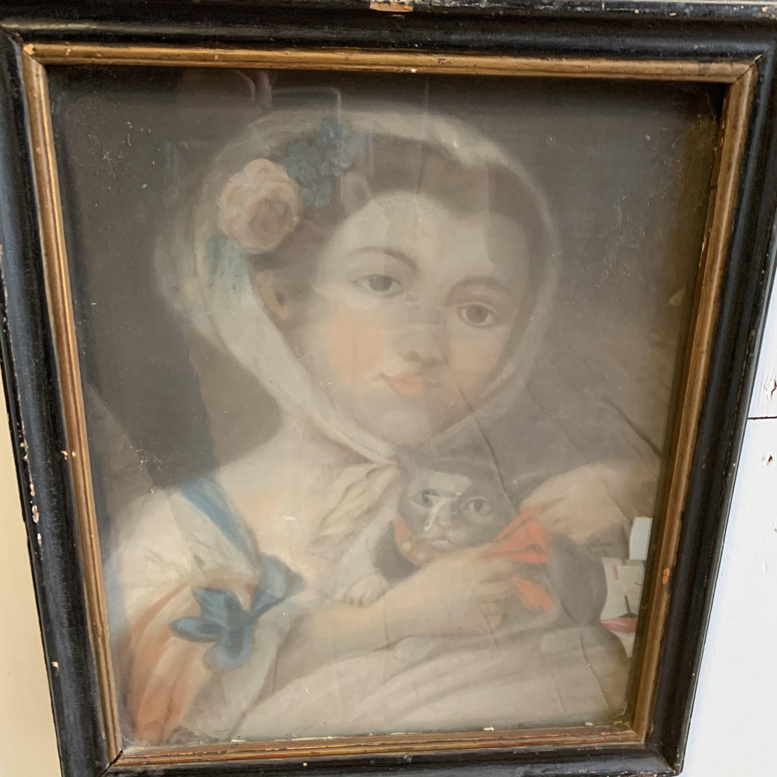 3 French 18th century oil-pastel portraits of women, with their pets. In old frames with wavy glass.
Measures: 15