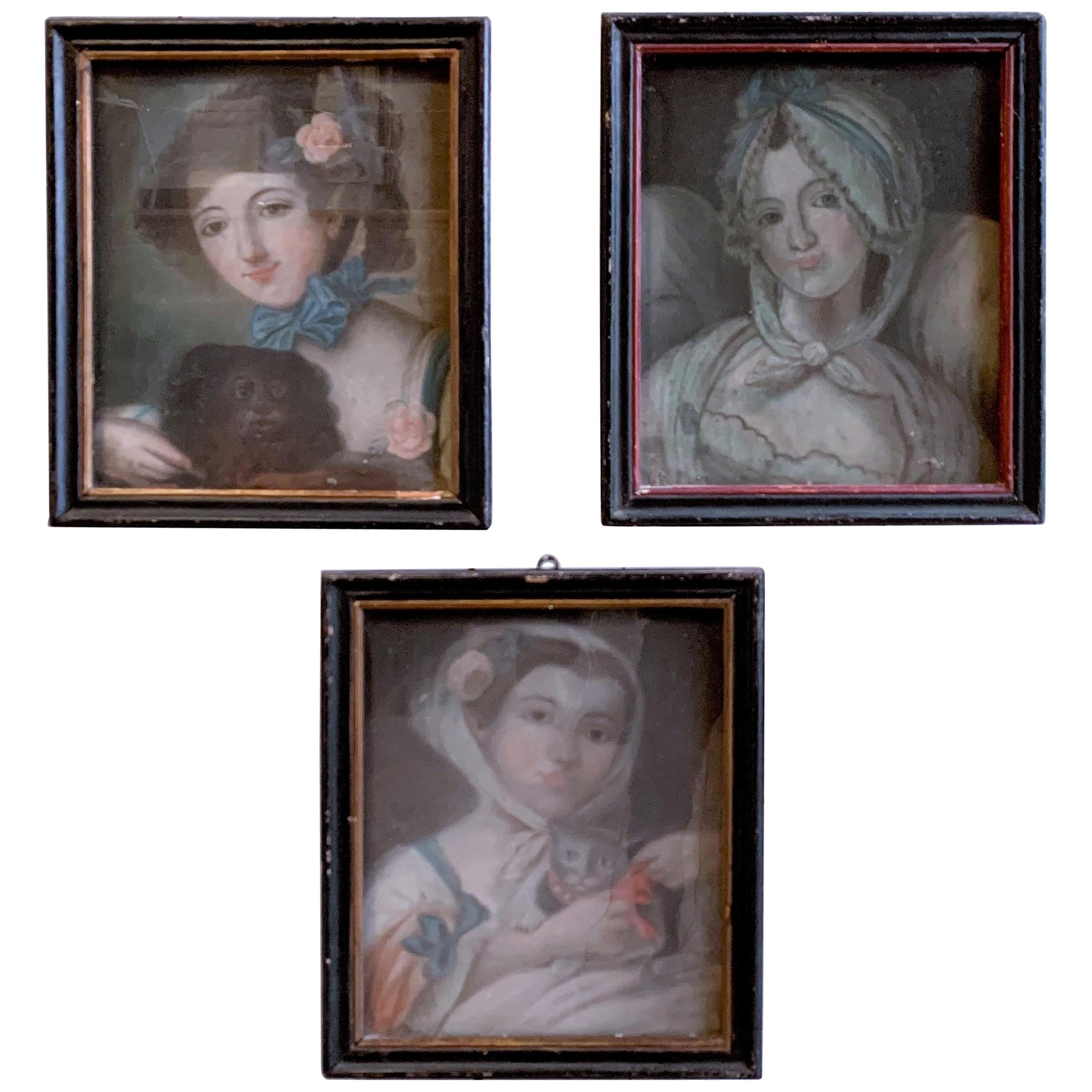 3 Oil-Pastel Portraits of Women, 18th Century