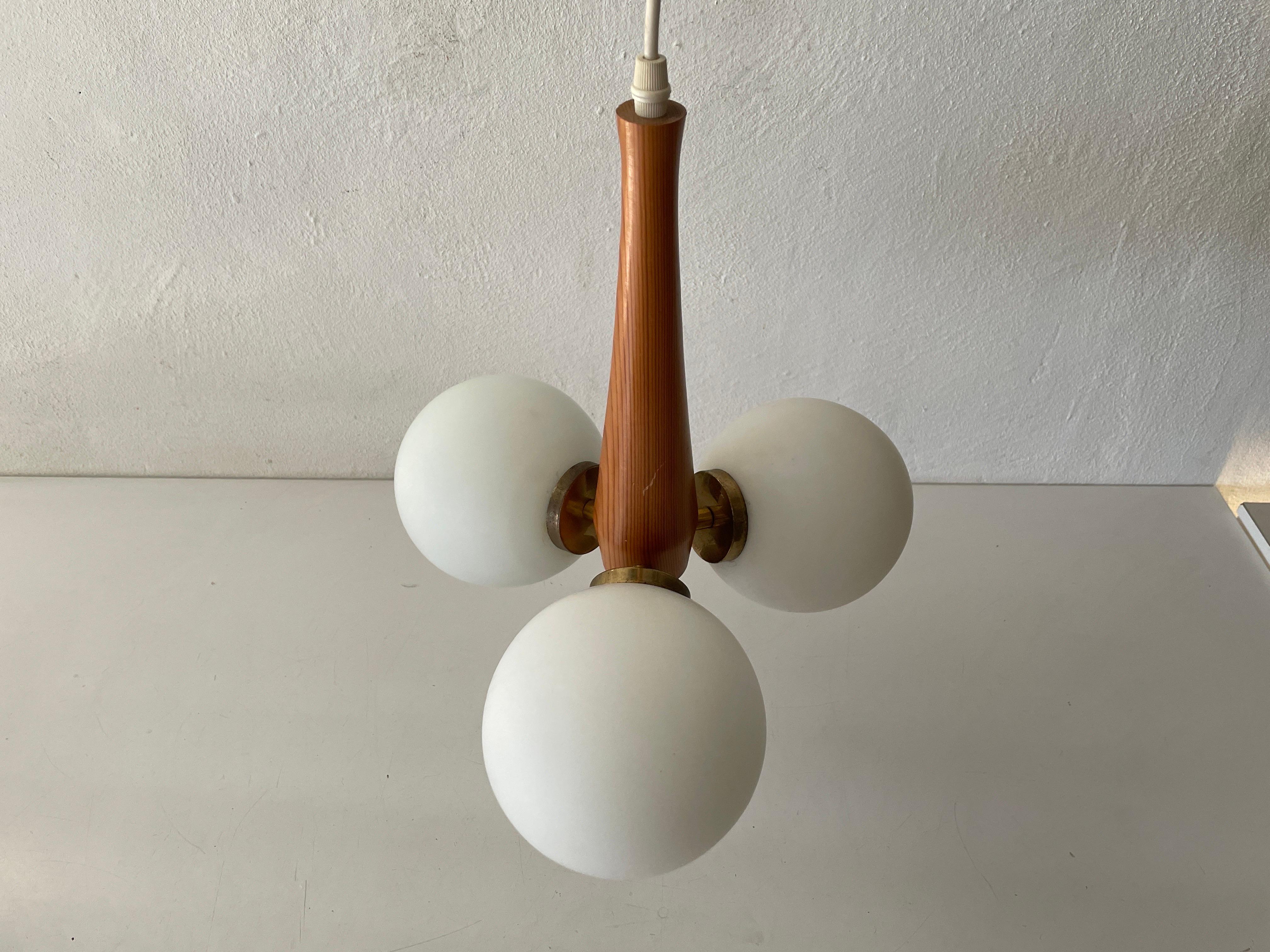 Space Age 3 Opal Ball Glass and Wood Body Atomic Ceiling Lamp, 1970s, Germany For Sale