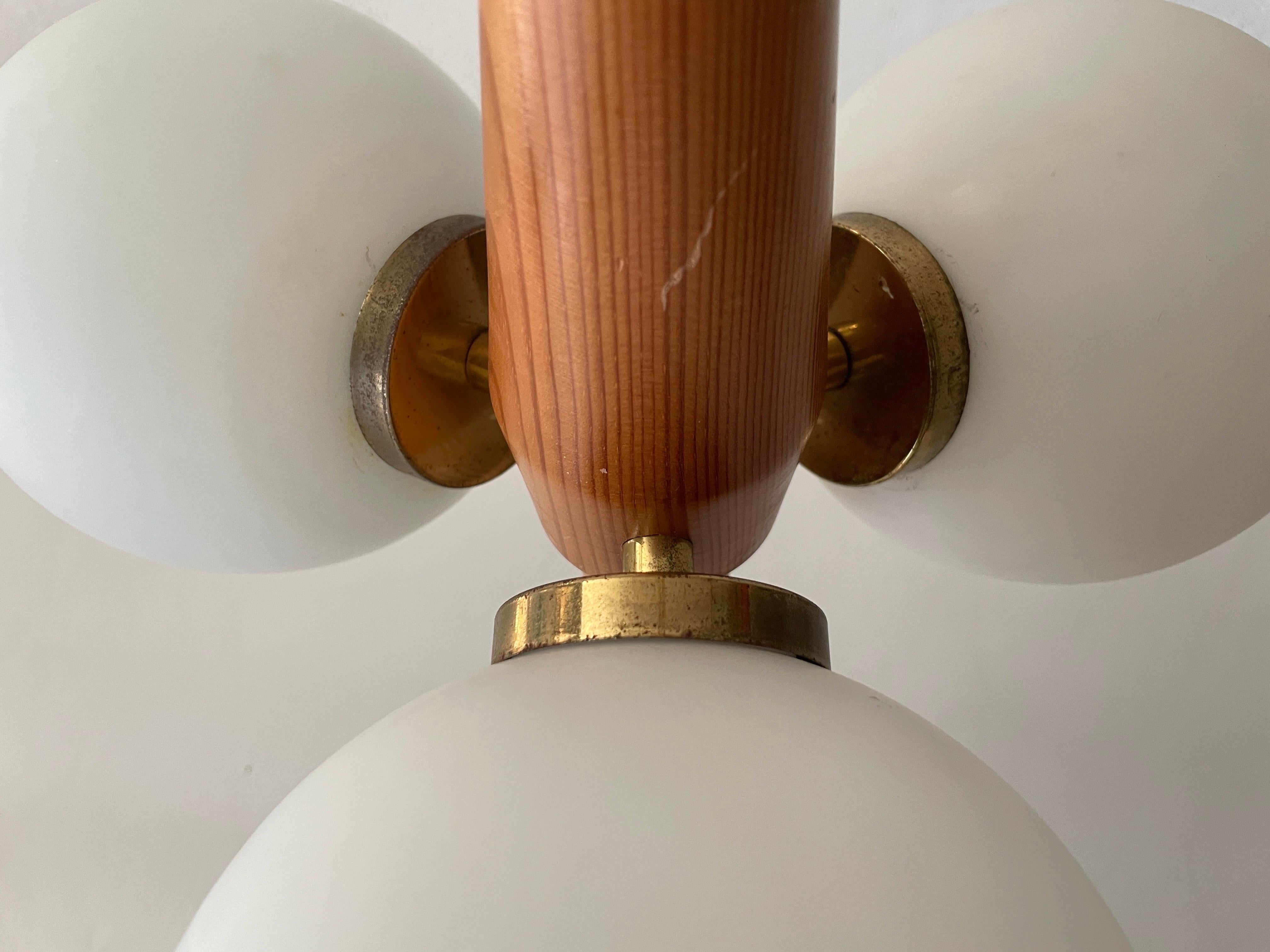 Late 20th Century 3 Opal Ball Glass and Wood Body Atomic Ceiling Lamp, 1970s, Germany For Sale
