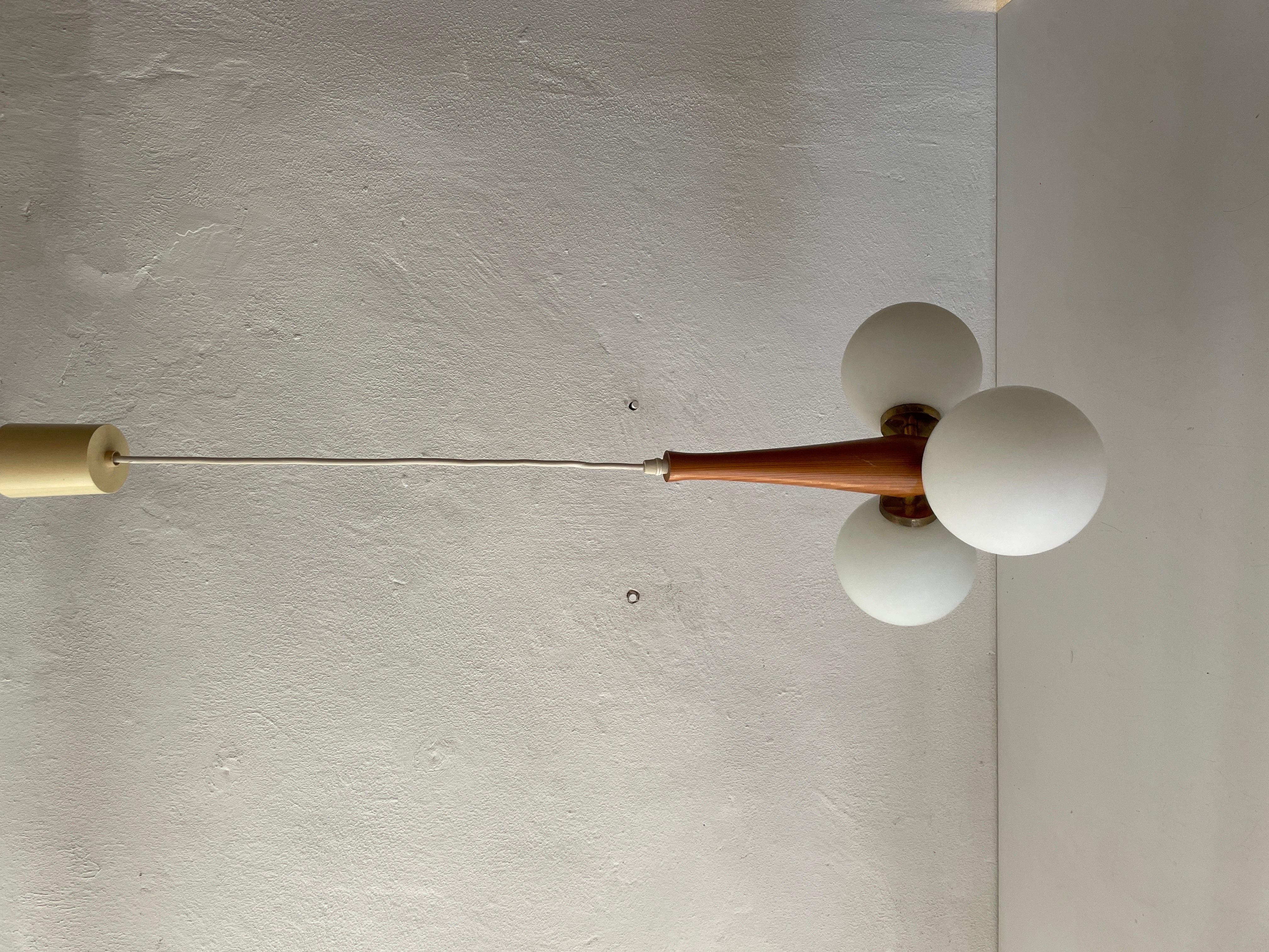 3 Opal Ball Glass and Wood Body Atomic Ceiling Lamp, 1970s, Germany For Sale 1
