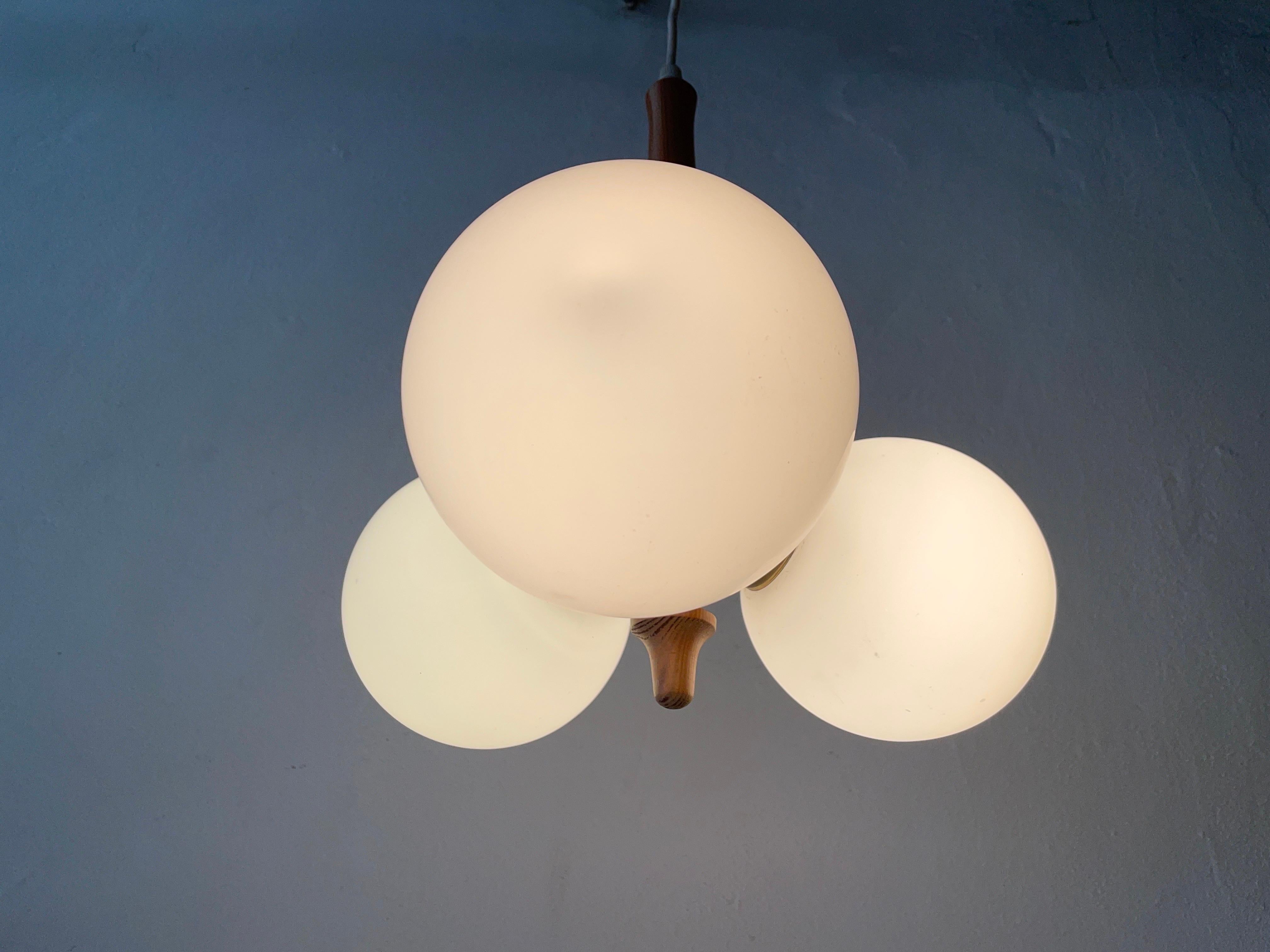 3 Opal Ball Glass and Wood Body Atomic Ceiling Lamp, 1970s, Germany For Sale 3