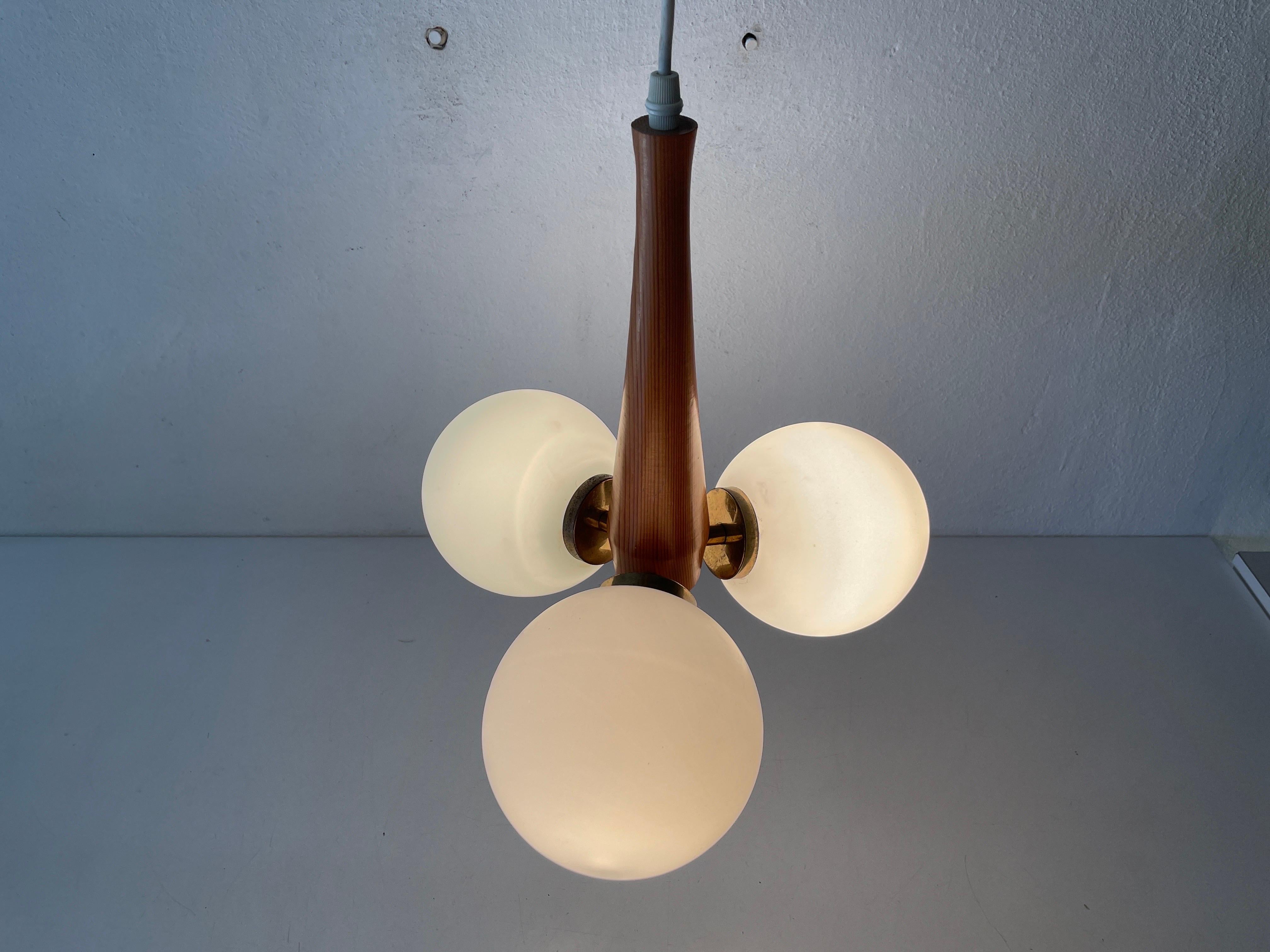 3 Opal Ball Glass and Wood Body Atomic Ceiling Lamp, 1970s, Germany For Sale 4