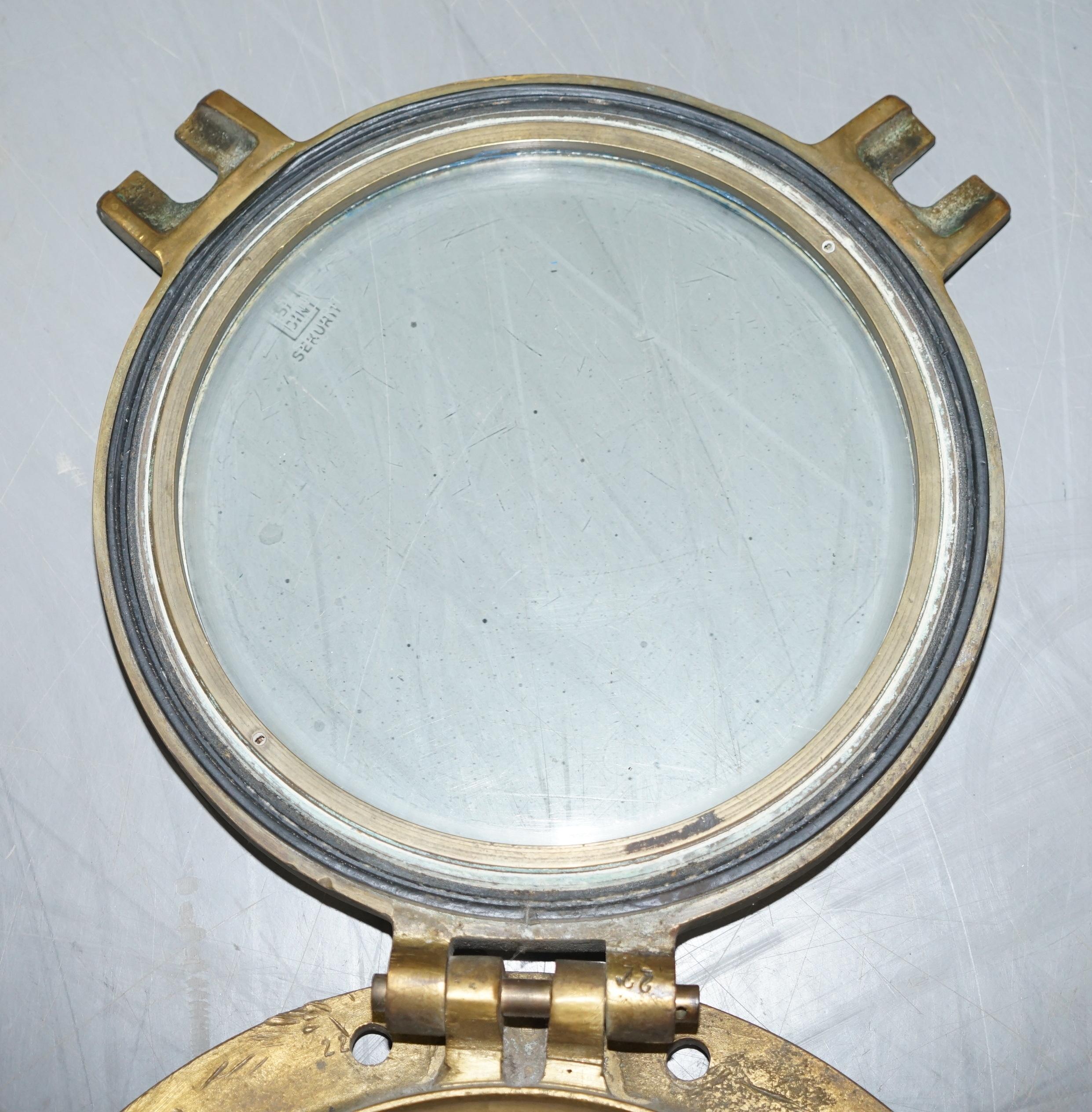 3 Original Antique 1890 Stamped Solid Brass Military Nautical Porthole Windows 5