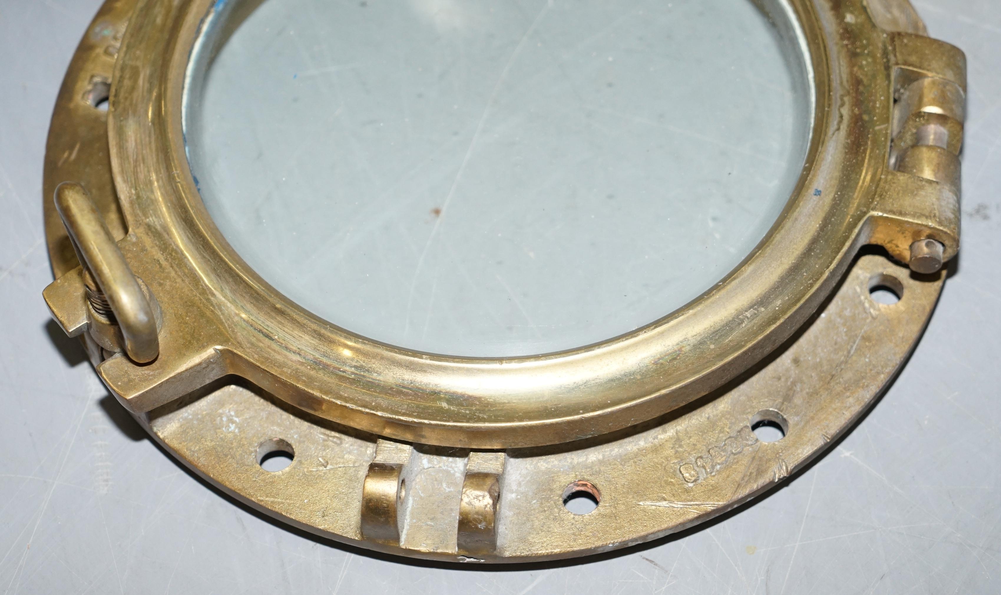 Hand-Crafted 3 Original Antique 1890 Stamped Solid Brass Military Nautical Porthole Windows