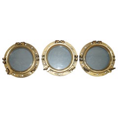 3 Original Antique 1890 Stamped Solid Brass Military Nautical Porthole Windows