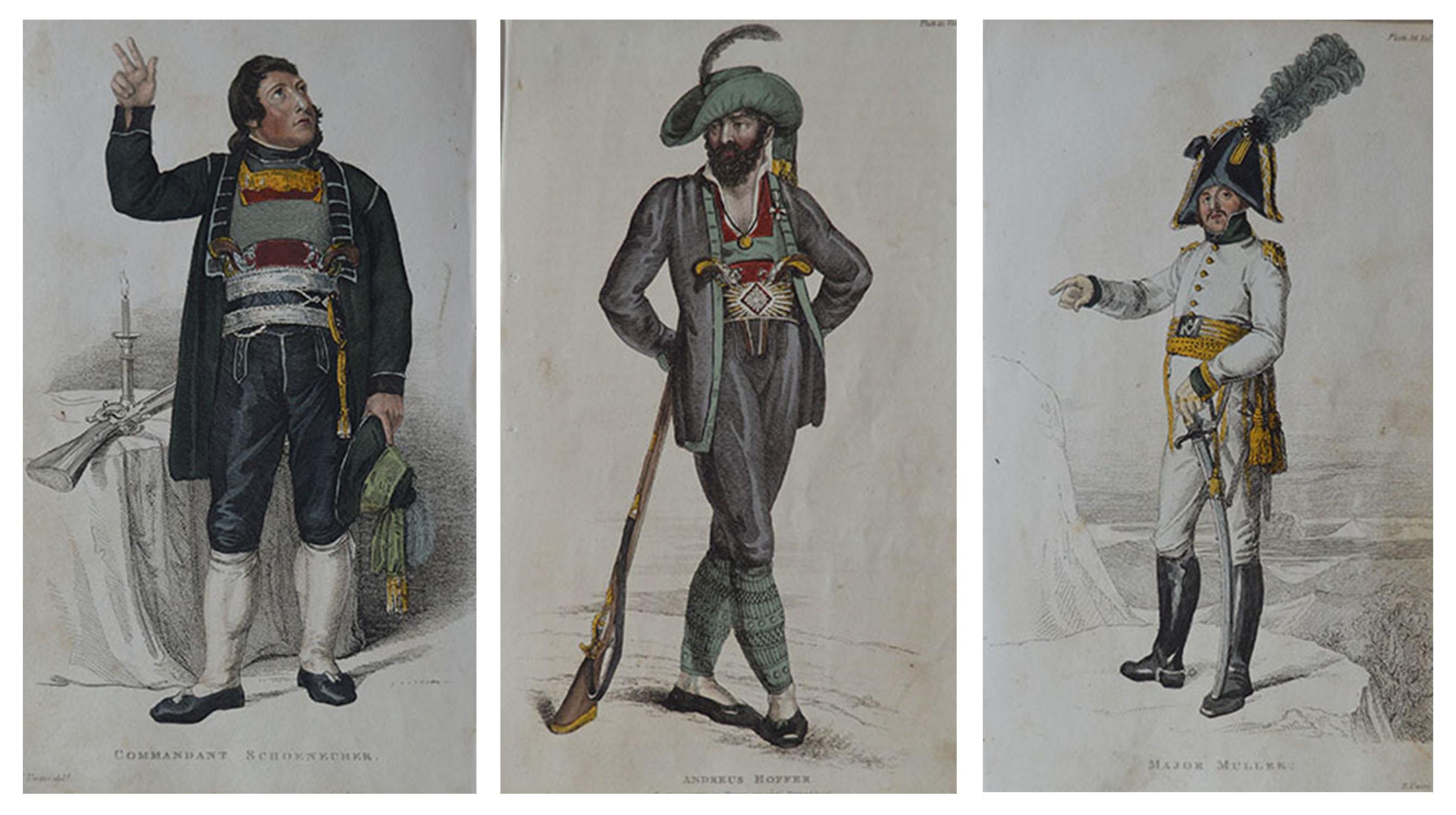 Fabulous group of 3 military prints

We have Commander Schoenecher, Andreus Hoffer and Major Muller

Copper-plate engravings with original hand color.

Published by Ackermann, 1809.

Unframed.

The measurement given below is for one