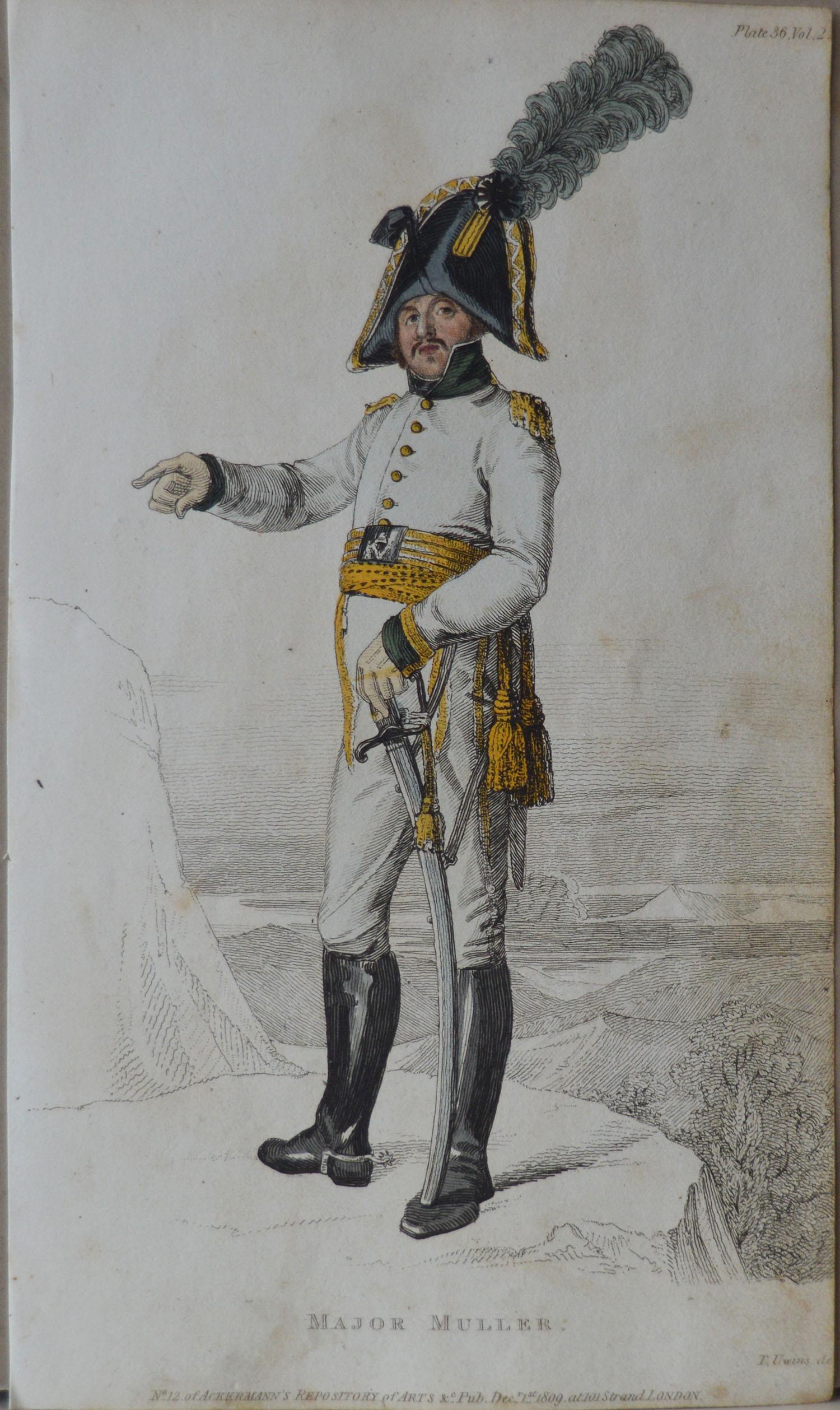 Georgian 3 Original Antique Prints of Military Gentleman 'Napoleonic Wars' Dated 1809