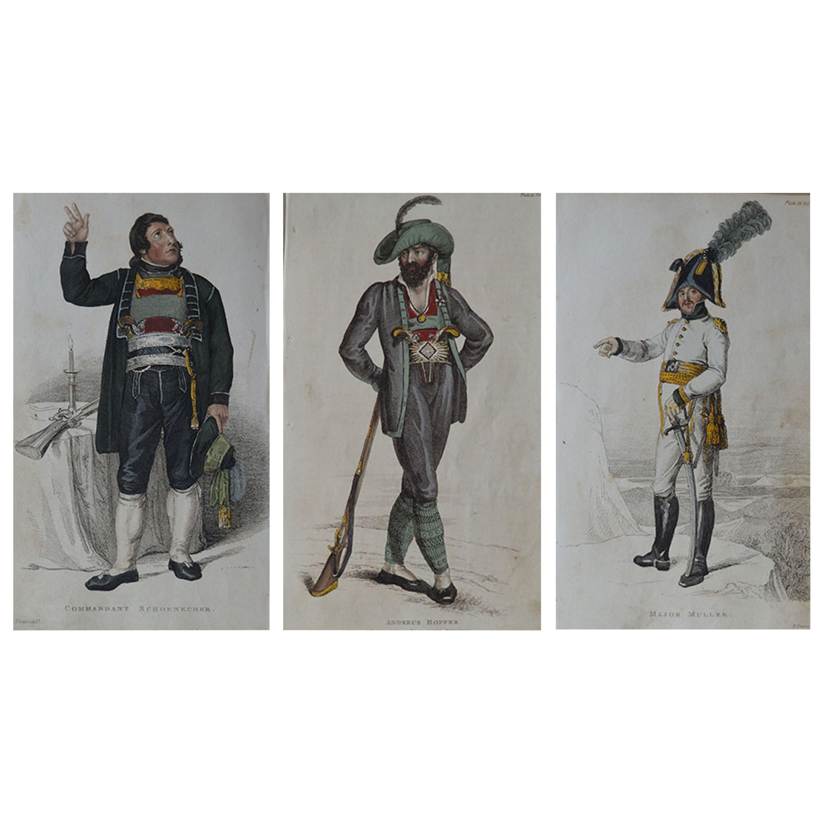 3 Original Antique Prints of Military Gentleman 'Napoleonic Wars' Dated 1809