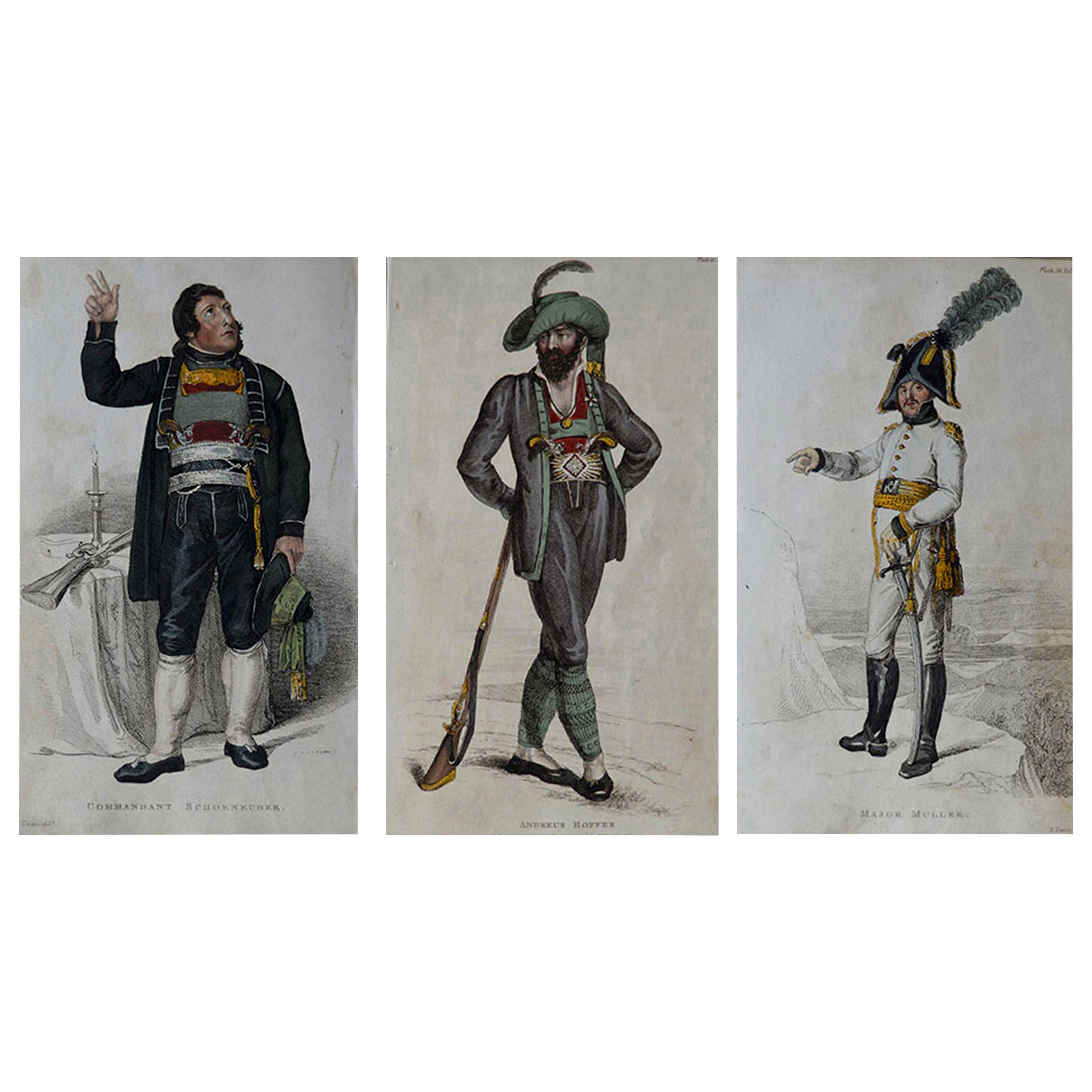 3 Original Antique Prints of Military Gentleman 'Napoleonic Wars', Dated 1809