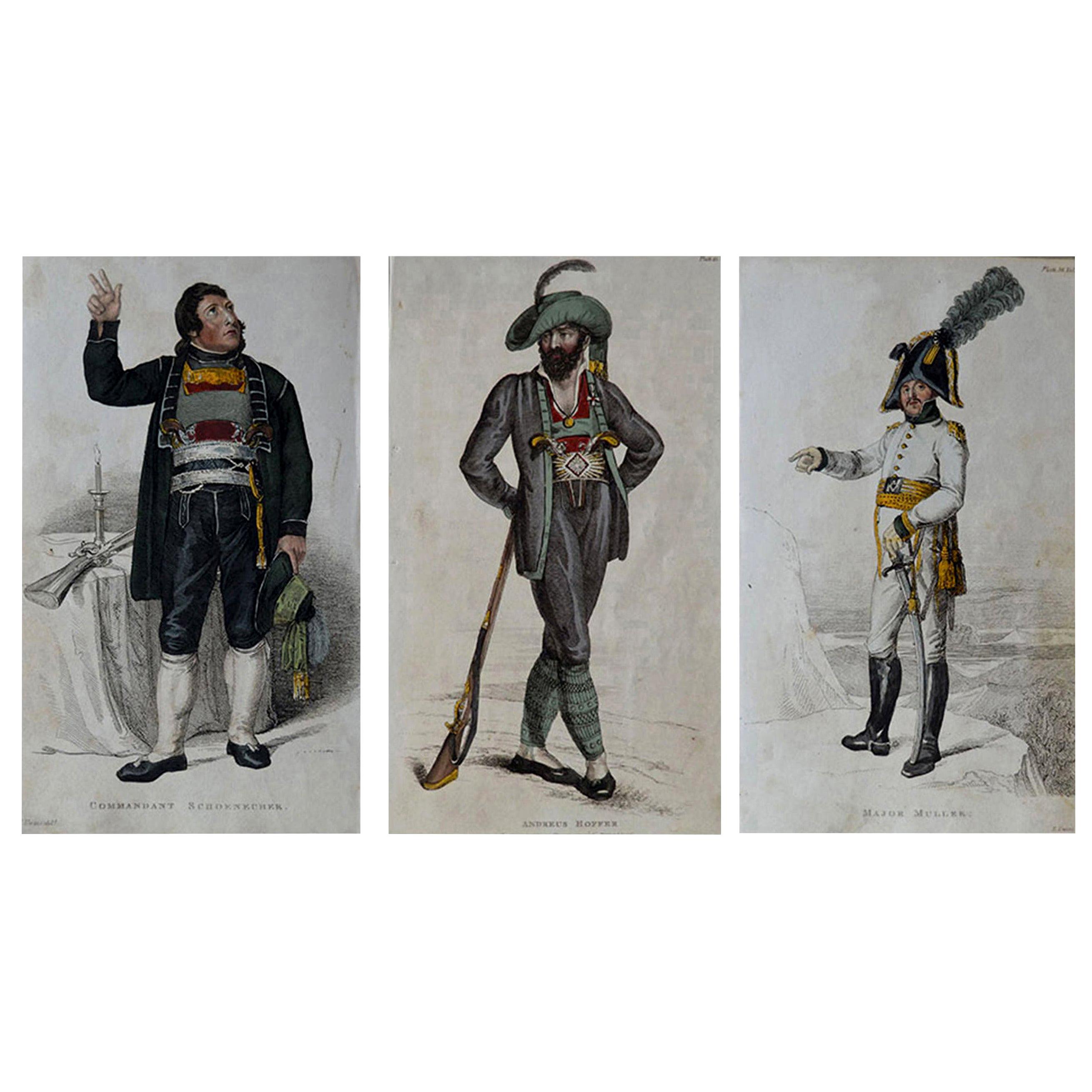 3 Original Antique Prints of Military Gentleman 'Napoleonic Wars', Dated 1809