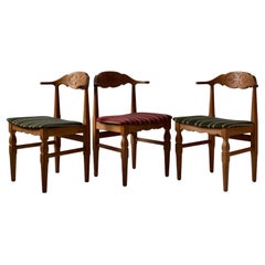 3 Original Henning Kjærnulf Dining Chairs in Solid Oak and Wool Fabric 1970s
