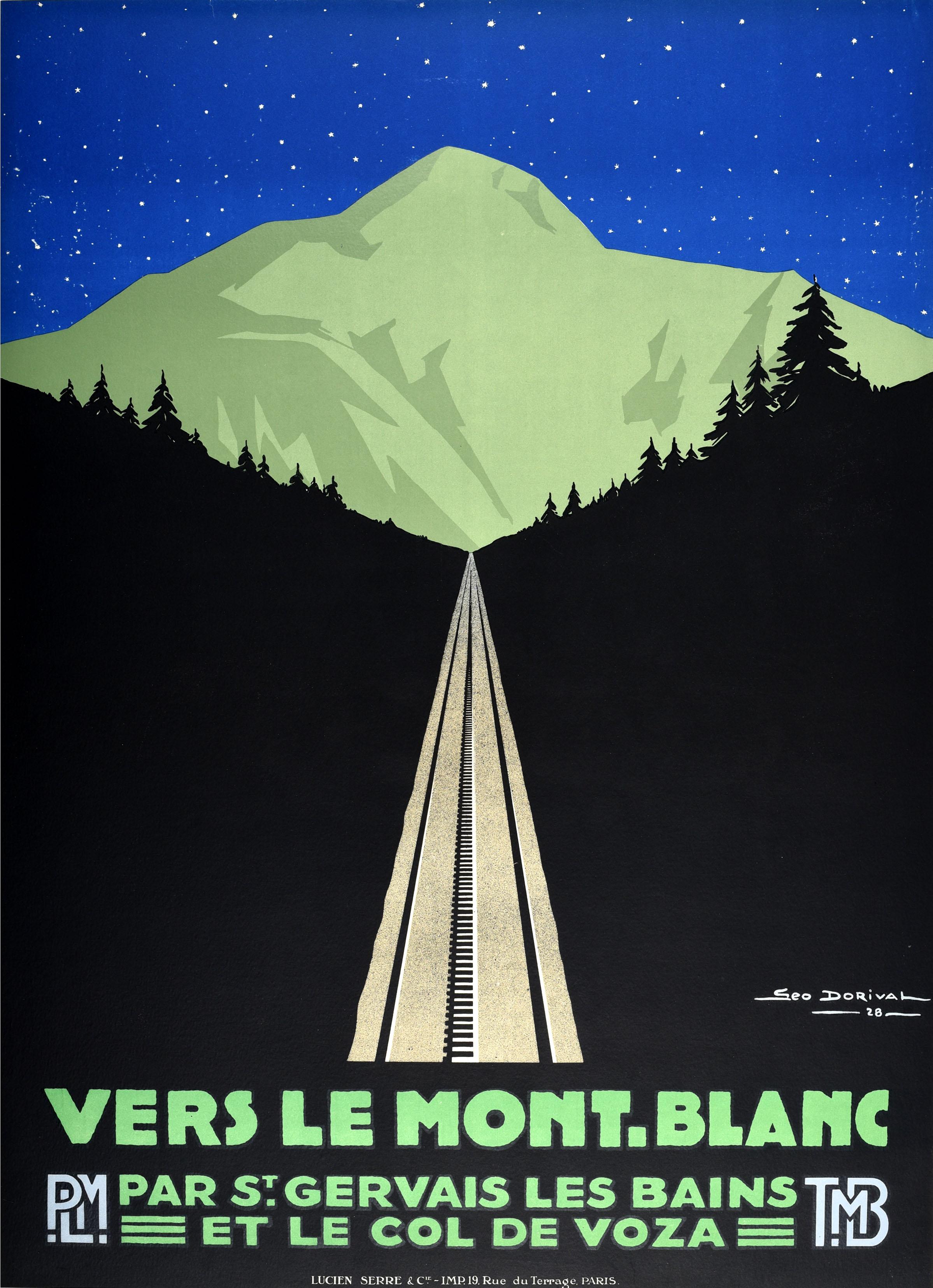 Ensemble de trois affiches publicitaires vintage originales de voyage publiées par la société PLM Paris Lyon Mediterranee railway et le TMB Mont Blanc Tramway pour Mont Blanc (la plus haute montagne d'Europe), via St Gervais Les Bains et le Col de