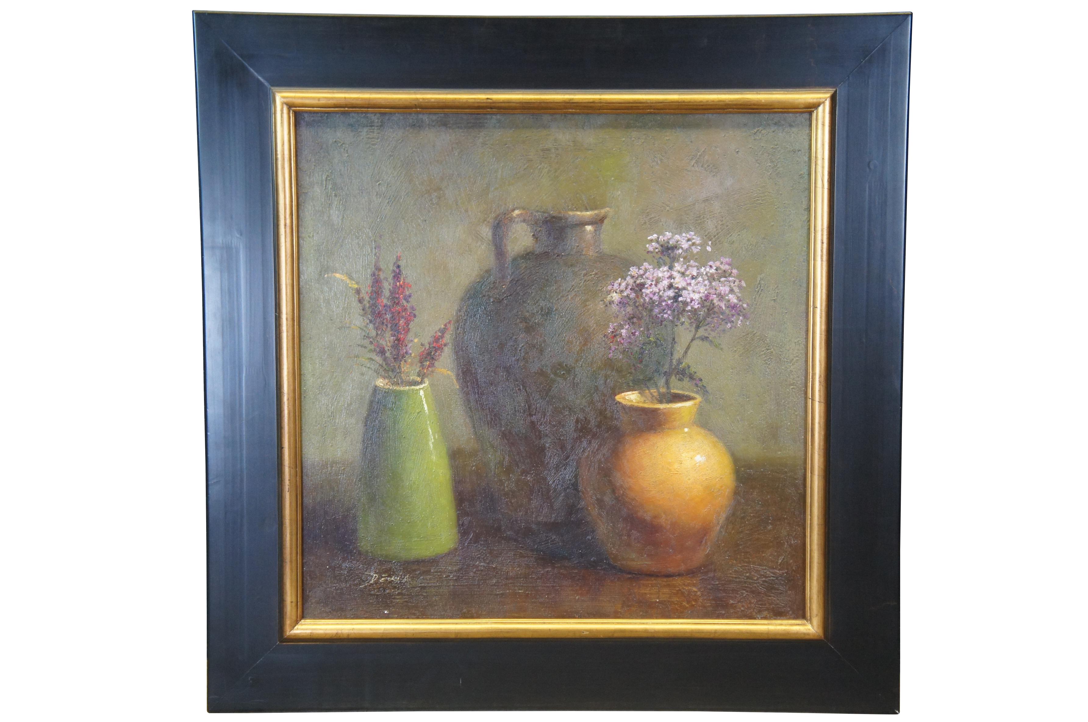 Set of 3 realist oil paintings on canvas, circa 1990s.  Each painting features a southwestern pottery scene with vases and jars. signed by Delia lower left.  The paintings are framed in pine with a dark wood tone and gold trim. Each painting