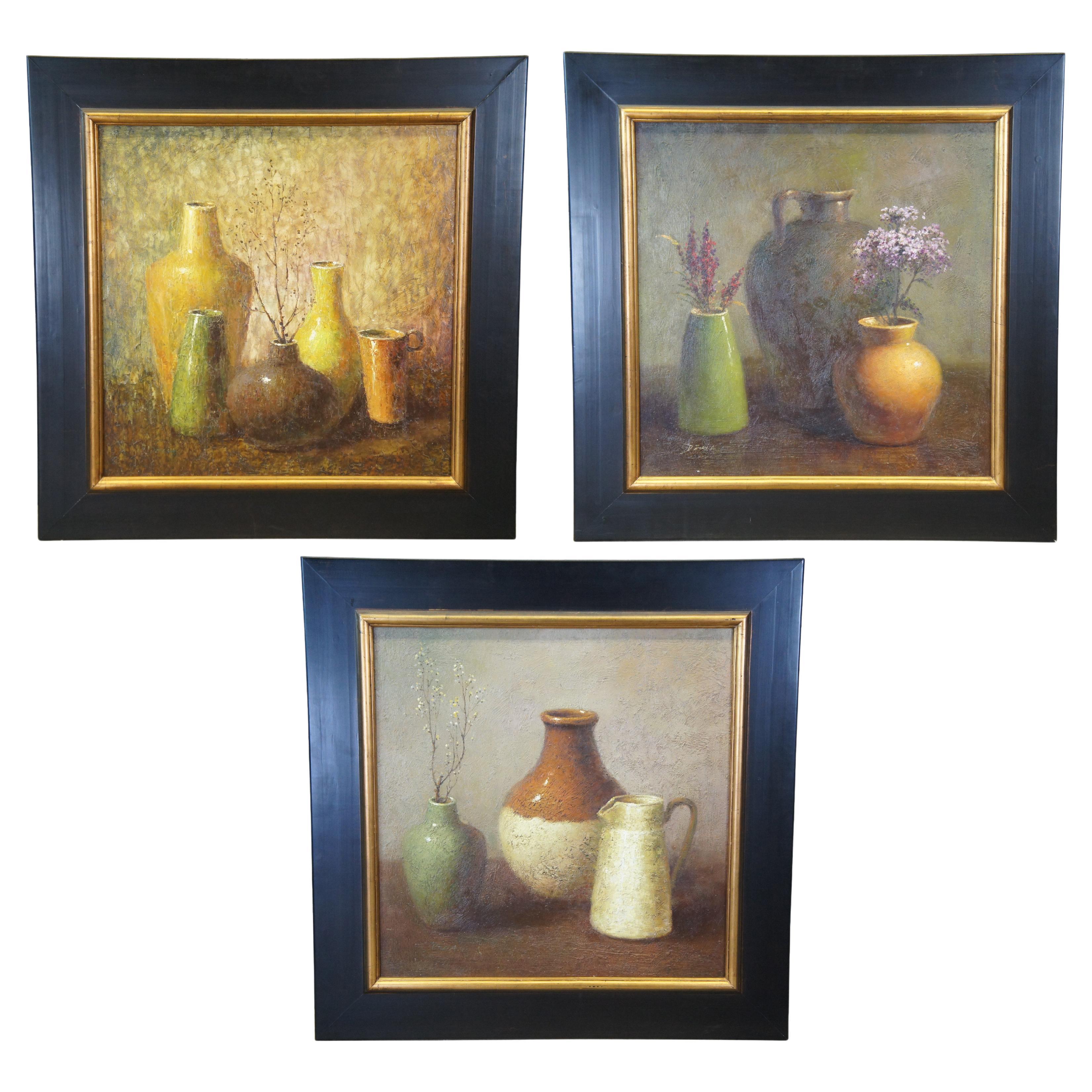 3 Original Vintage Southwestern Still Life Pottery Vase Oil Paintings Framed 41" For Sale