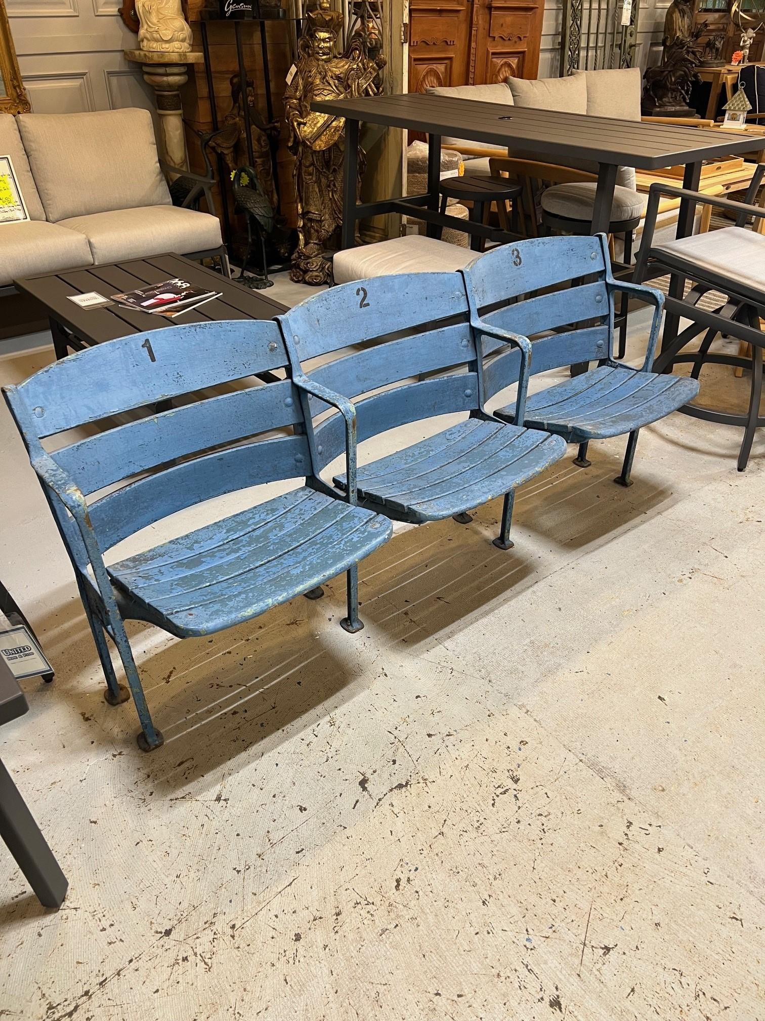 Original Yankee Stadium unrestored freestanding curved back boxed seats salvaged from Yankee stadium during renovation 1974-1975. This is a great set of three box seats with lots of history. In good original condition, no rotten wood just paint