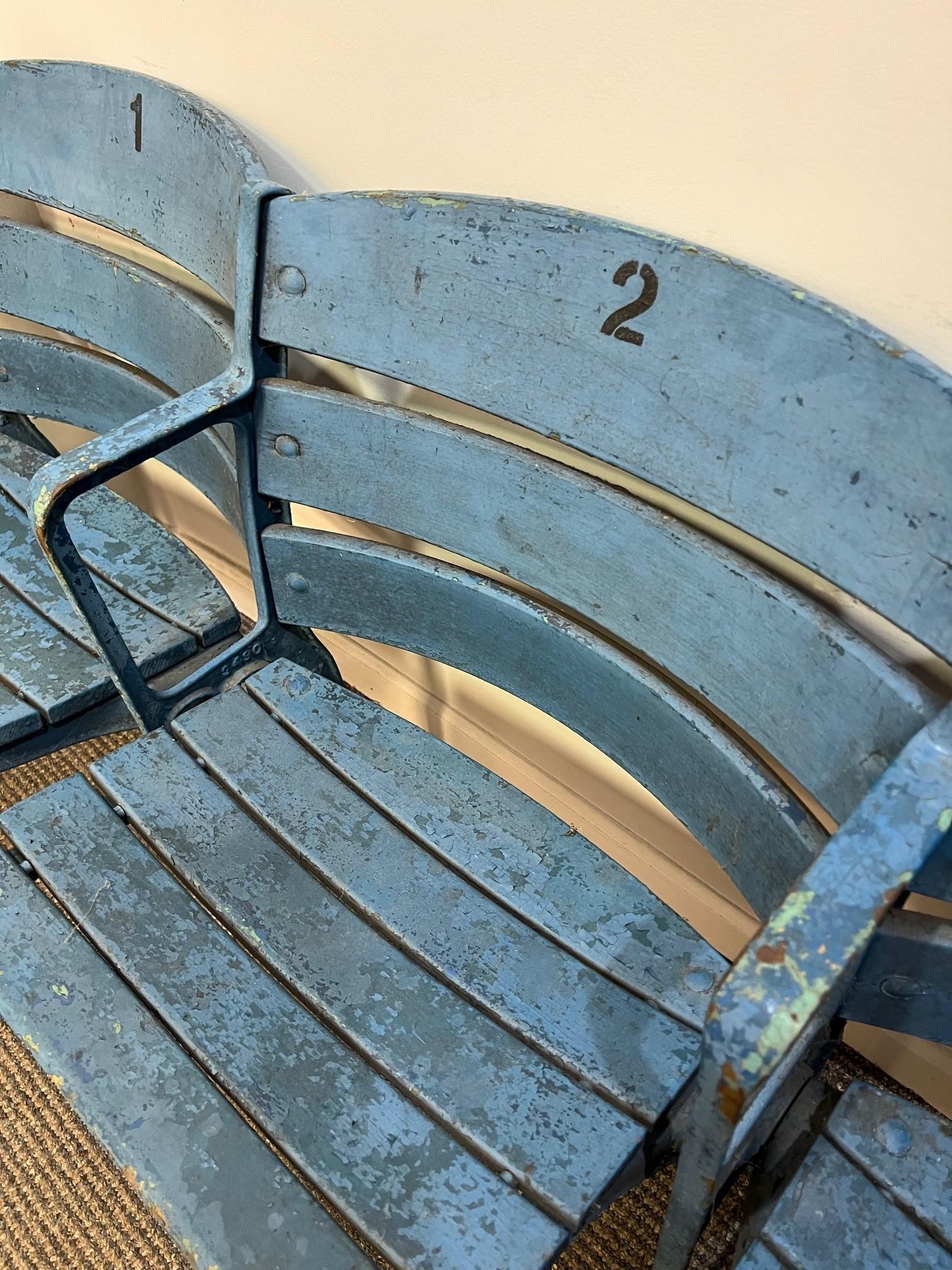 American 3 Original Yankee Stadium Wooden Curved Back Seats, Unrestored, Freestanding For Sale