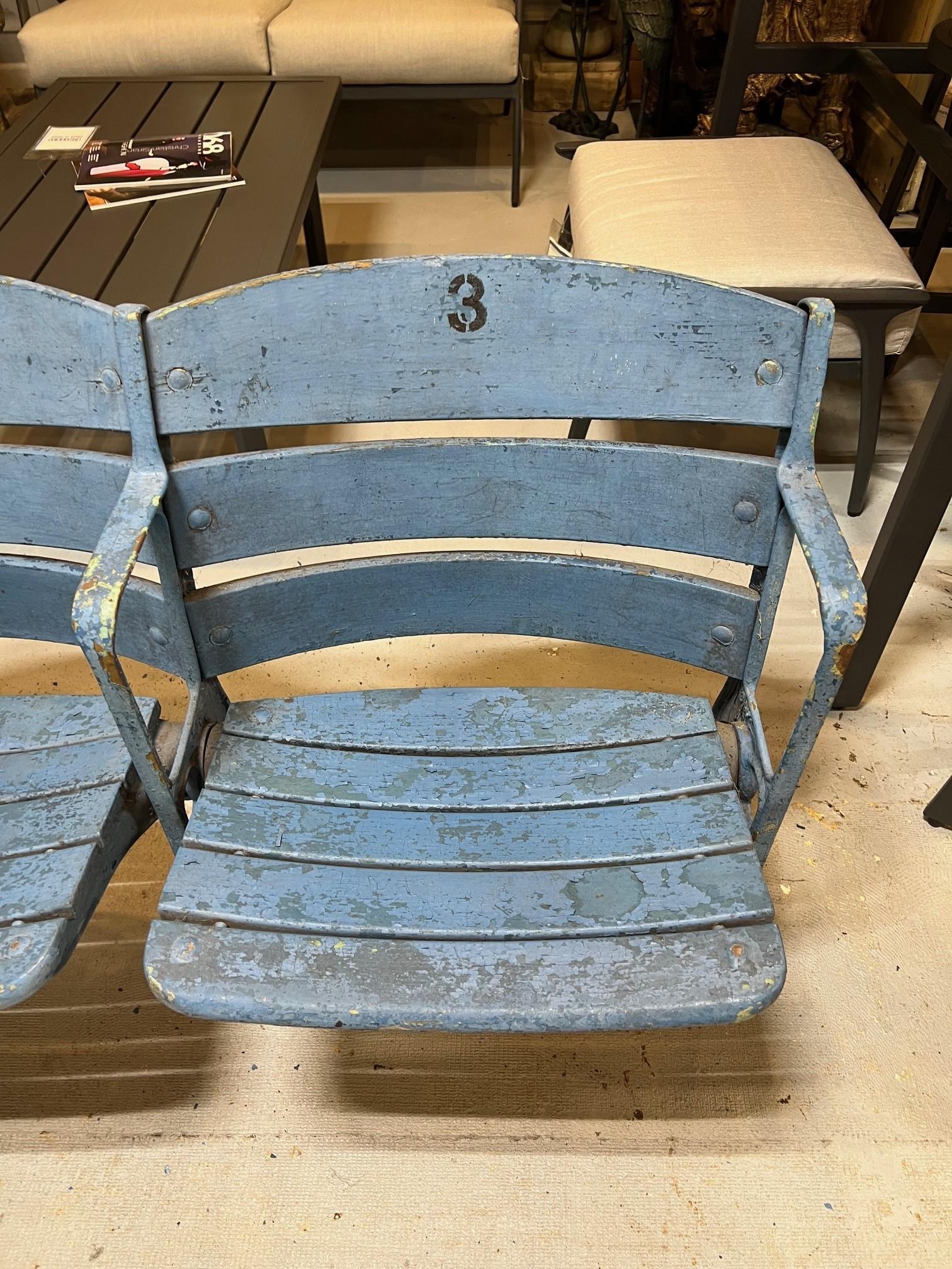 3 Original Yankee Stadium Wooden Curved Back Seats, Unrestored, Freestanding In Good Condition For Sale In Stamford, CT