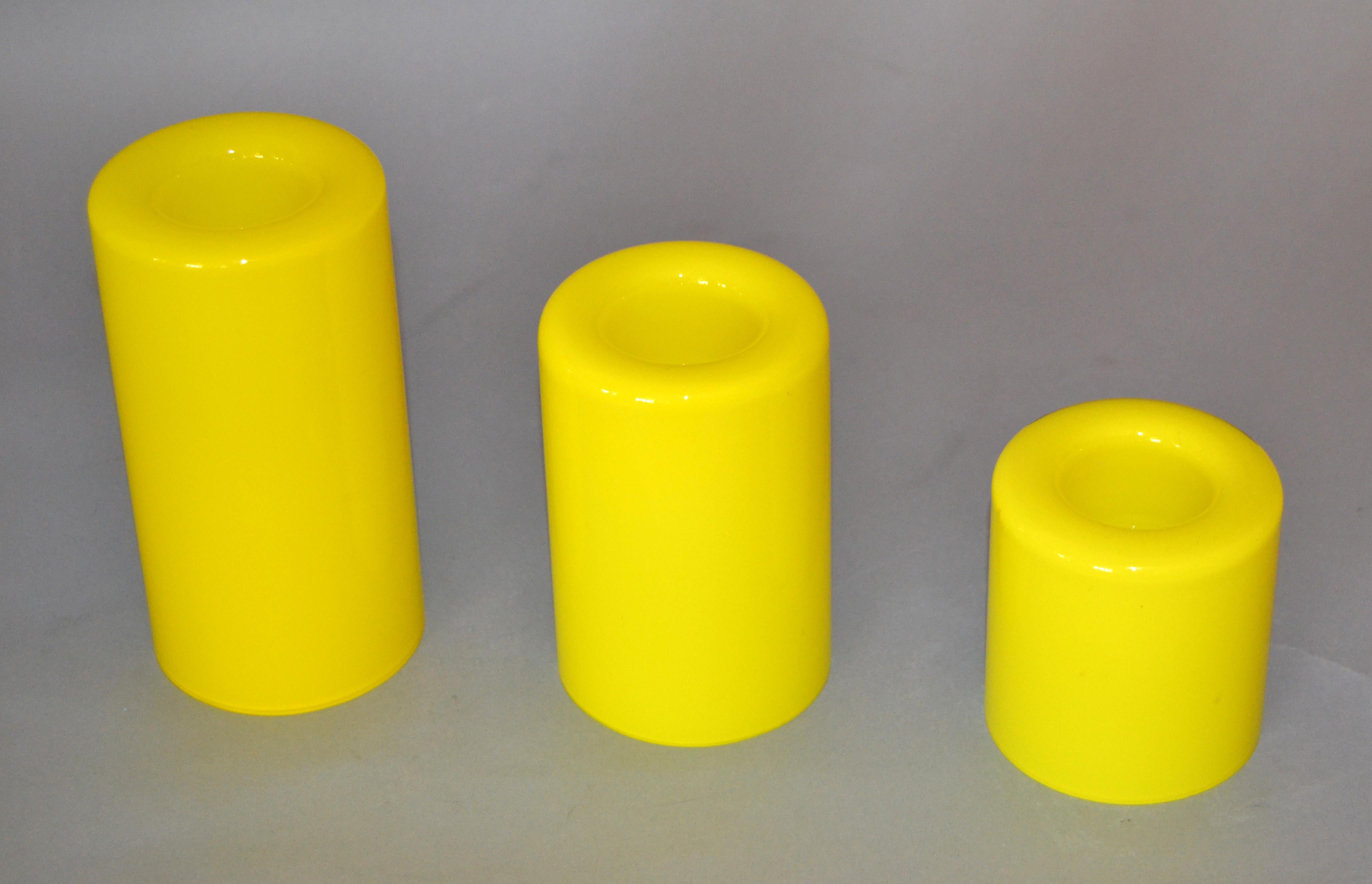 3 Orrefors Yellow Glass 'Eternell' Candlestick Holders, Designed by Owe Elvén (Schwedisch)