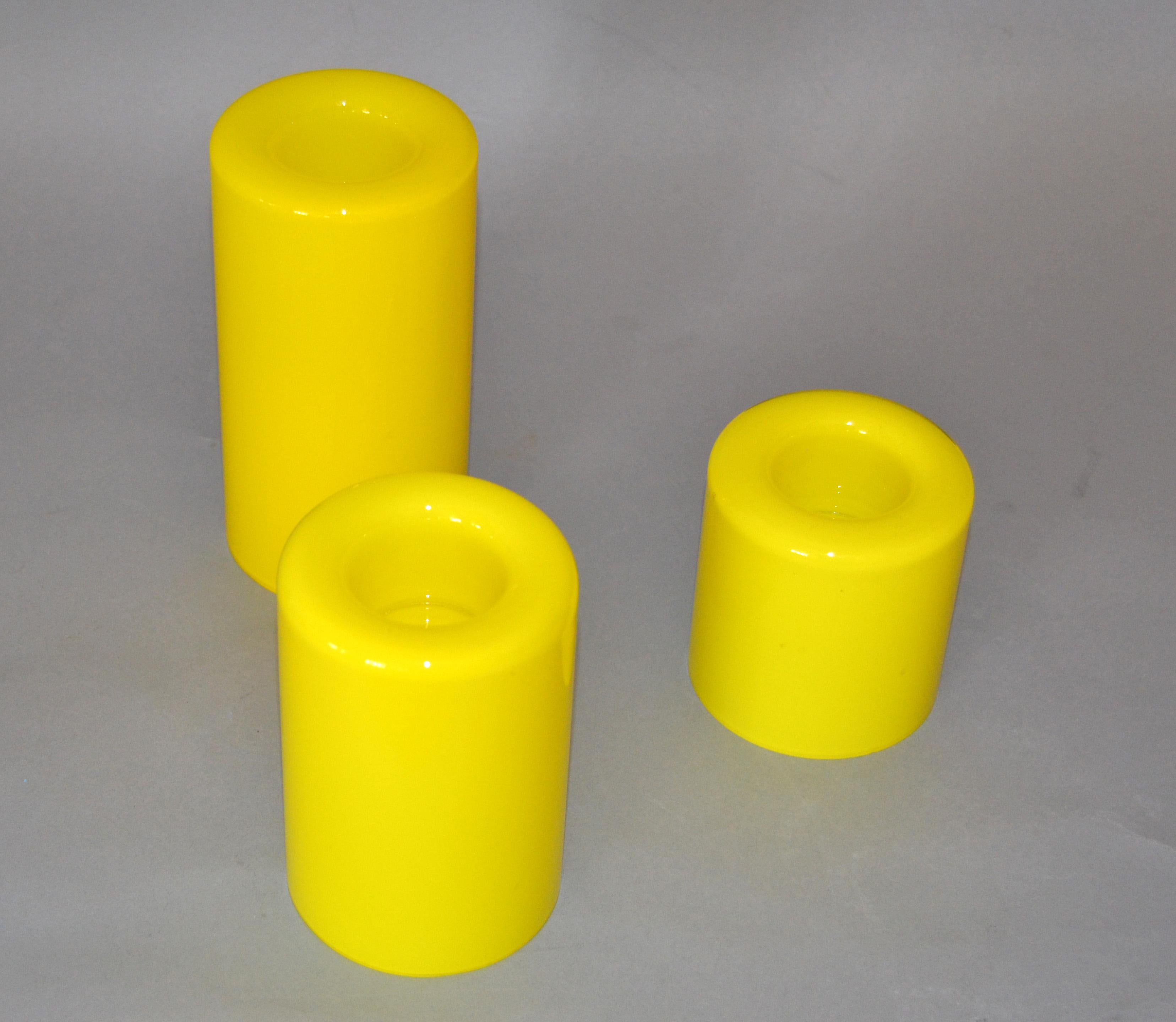 3 Orrefors Yellow Glass 'Eternell' Candlestick Holders, Designed by Owe Elvén 1