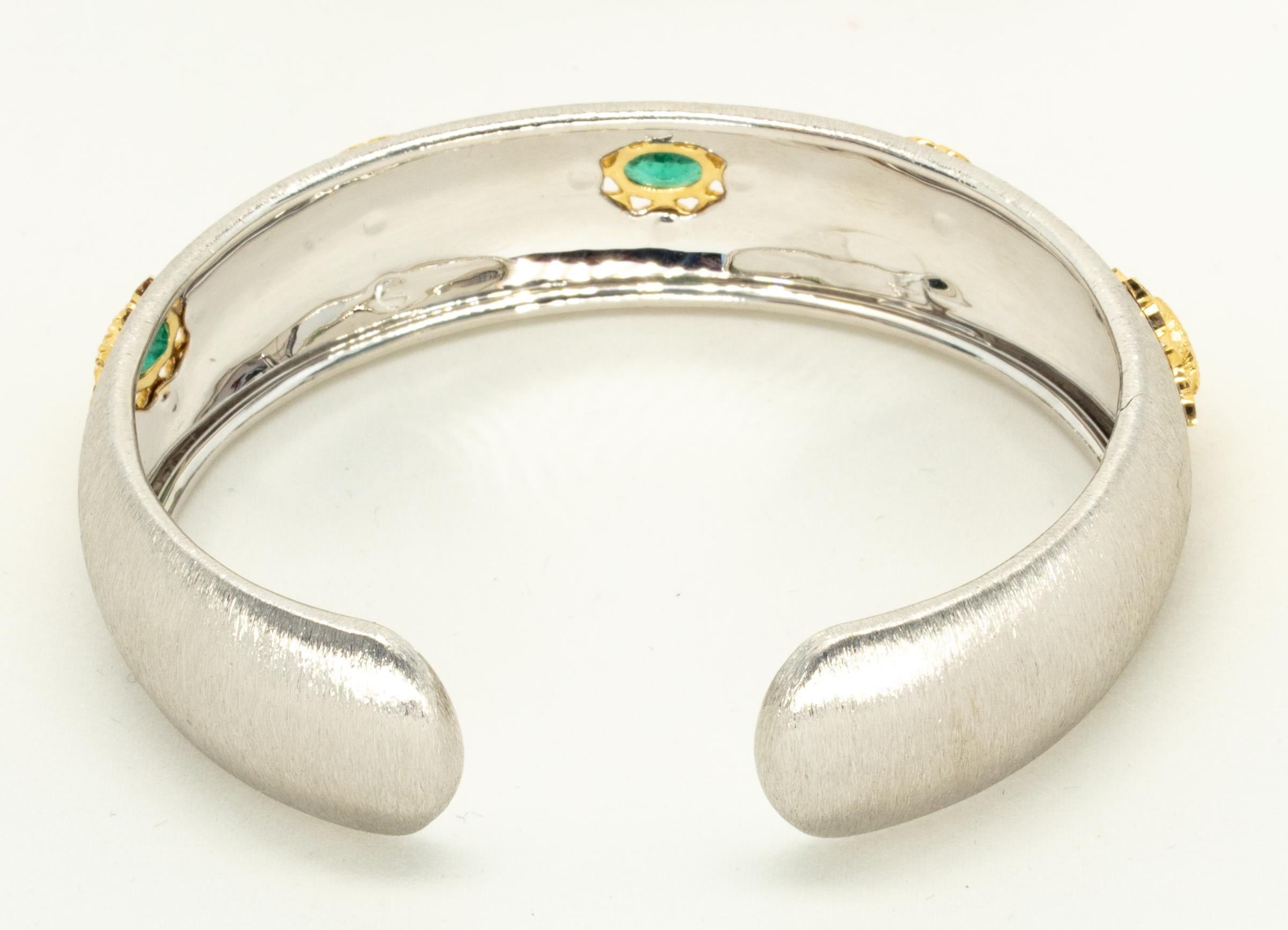 3 Oval Emeralds Diamonds 18 Karat White Yellow Gold Bangle in Florentine Finish 1