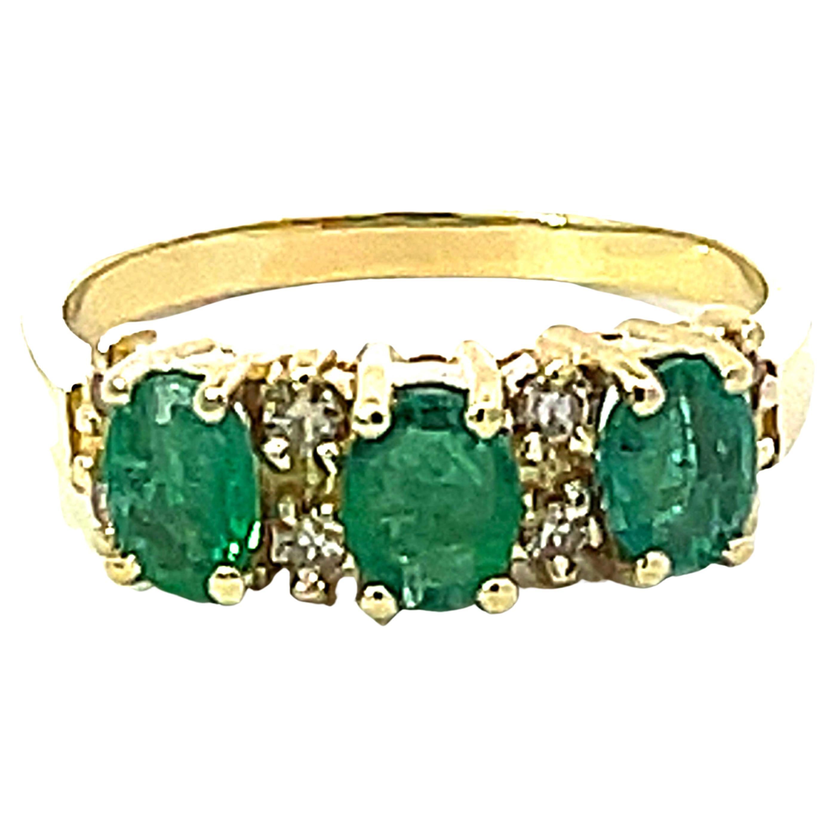 3 Oval Green Emerald and Diamond Band Ring in 14k Yellow Gold For Sale