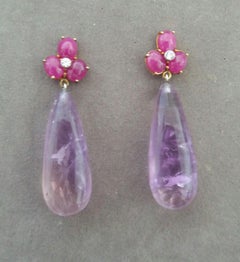 3 Oval Ruby Cabs Yellow Gold Diamonds Round Drop Shape Amethyst  Earrings