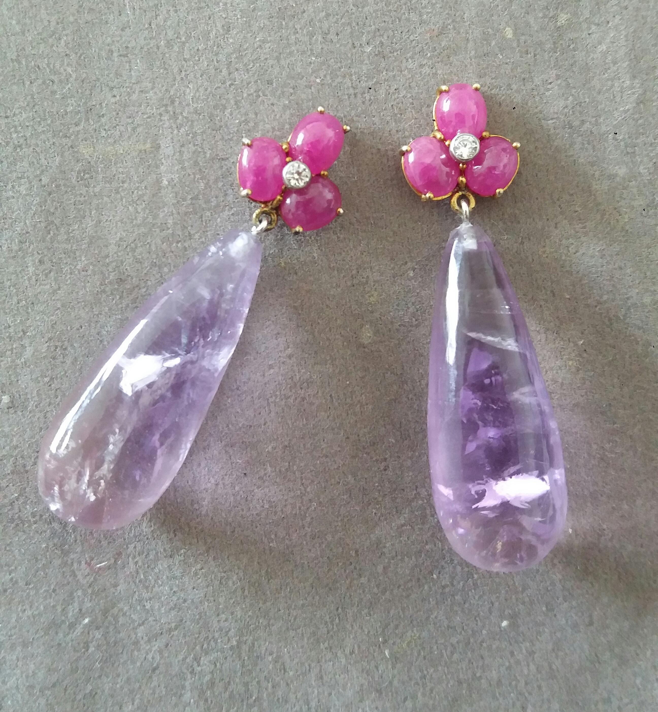 Mixed Cut 3 Oval Ruby Cabs Yellow Gold Diamonds Round Drop Shape Amethyst  Earrings For Sale