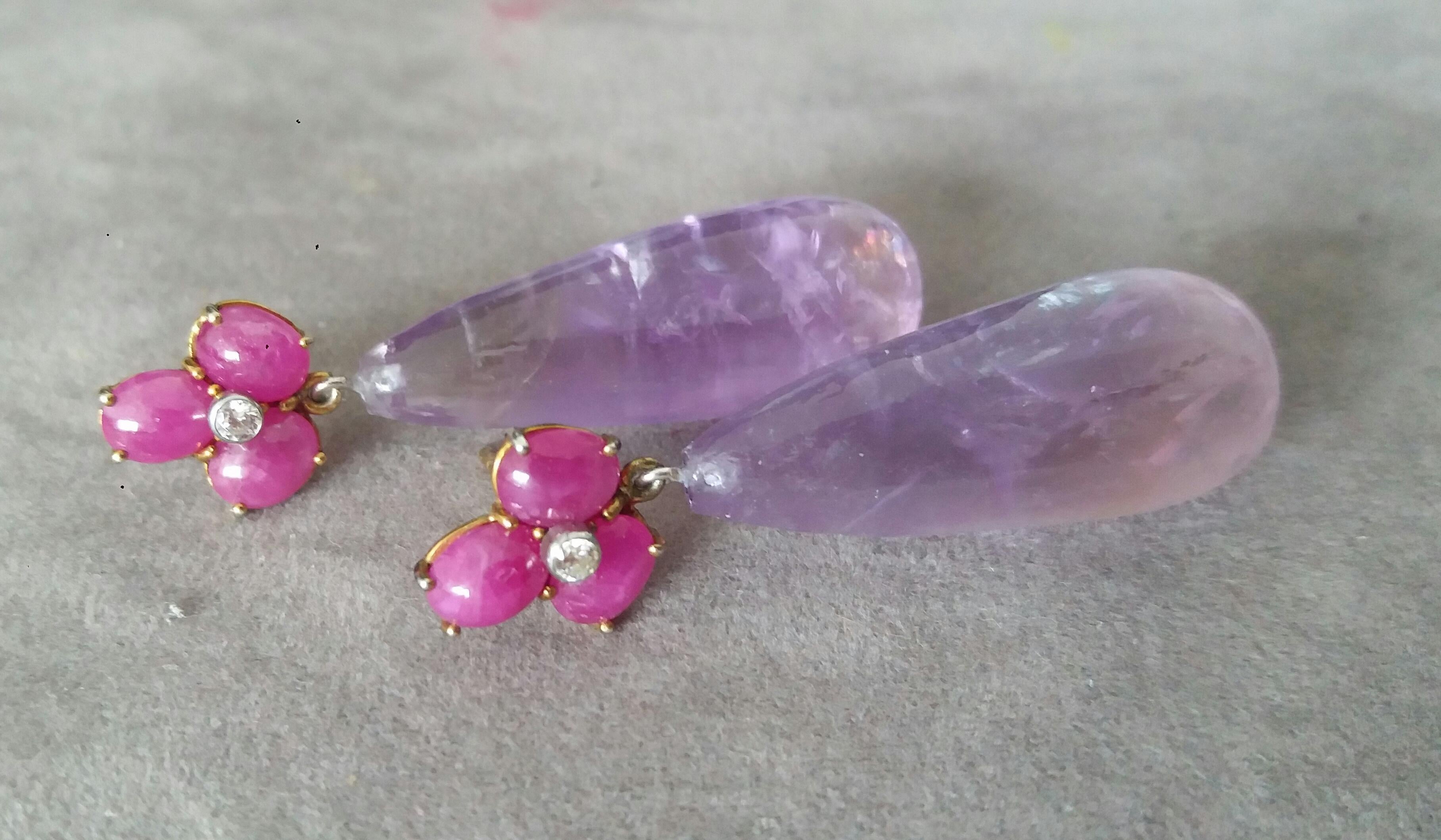 3 Oval Ruby Cabs Yellow Gold Diamonds Round Drop Shape Amethyst  Earrings In New Condition For Sale In Bangkok, TH