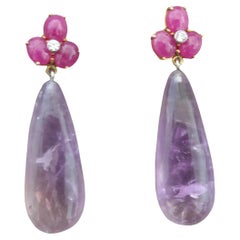 3 Oval Ruby Cabs Yellow Gold Diamonds Round Drop Shape Amethyst  Earrings