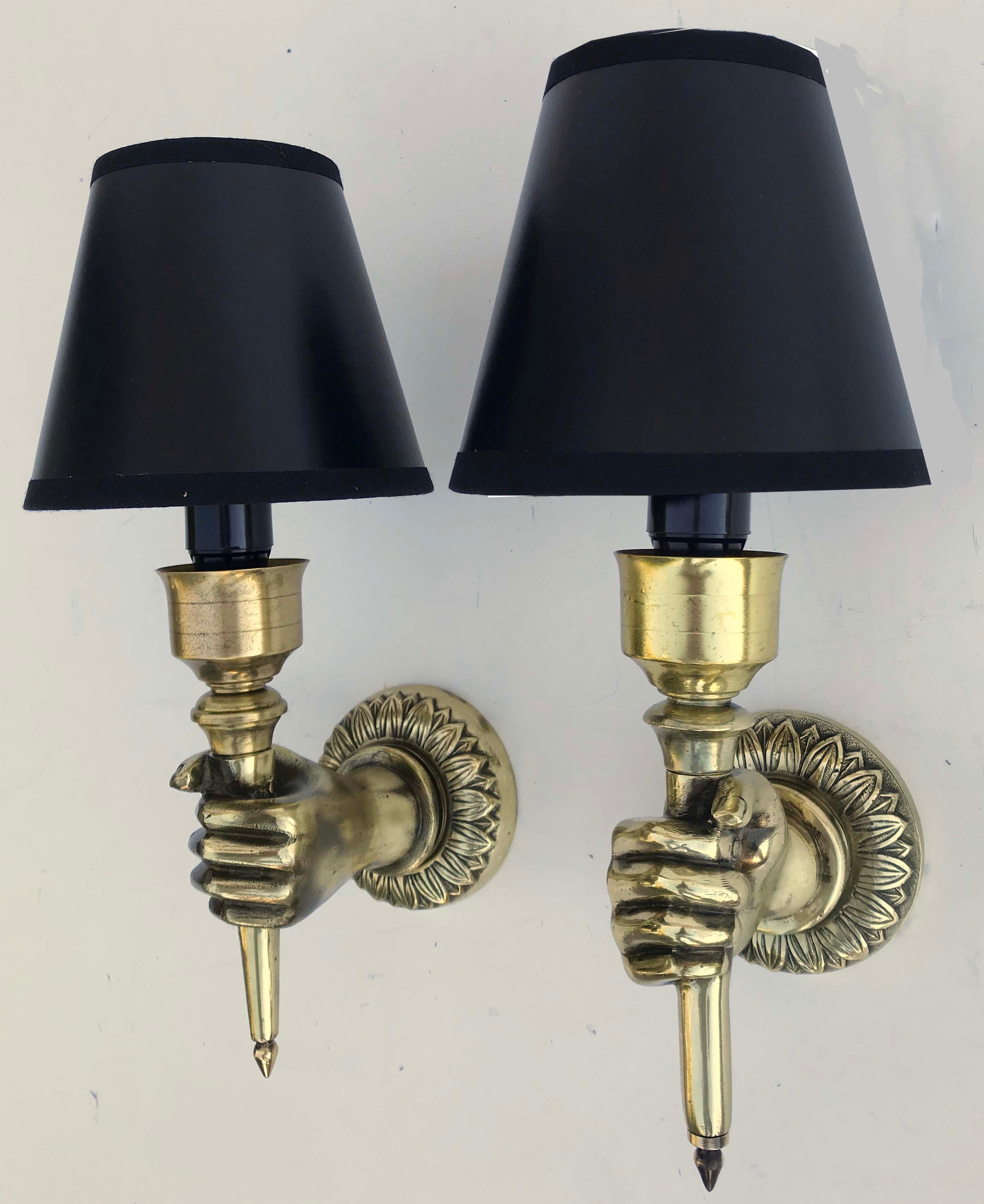  3 pair of bronze hand sconces by André Arbus
1 light, 40 watts max bulb
US rewire and in working condition
Measures: Back plate 3.1/4