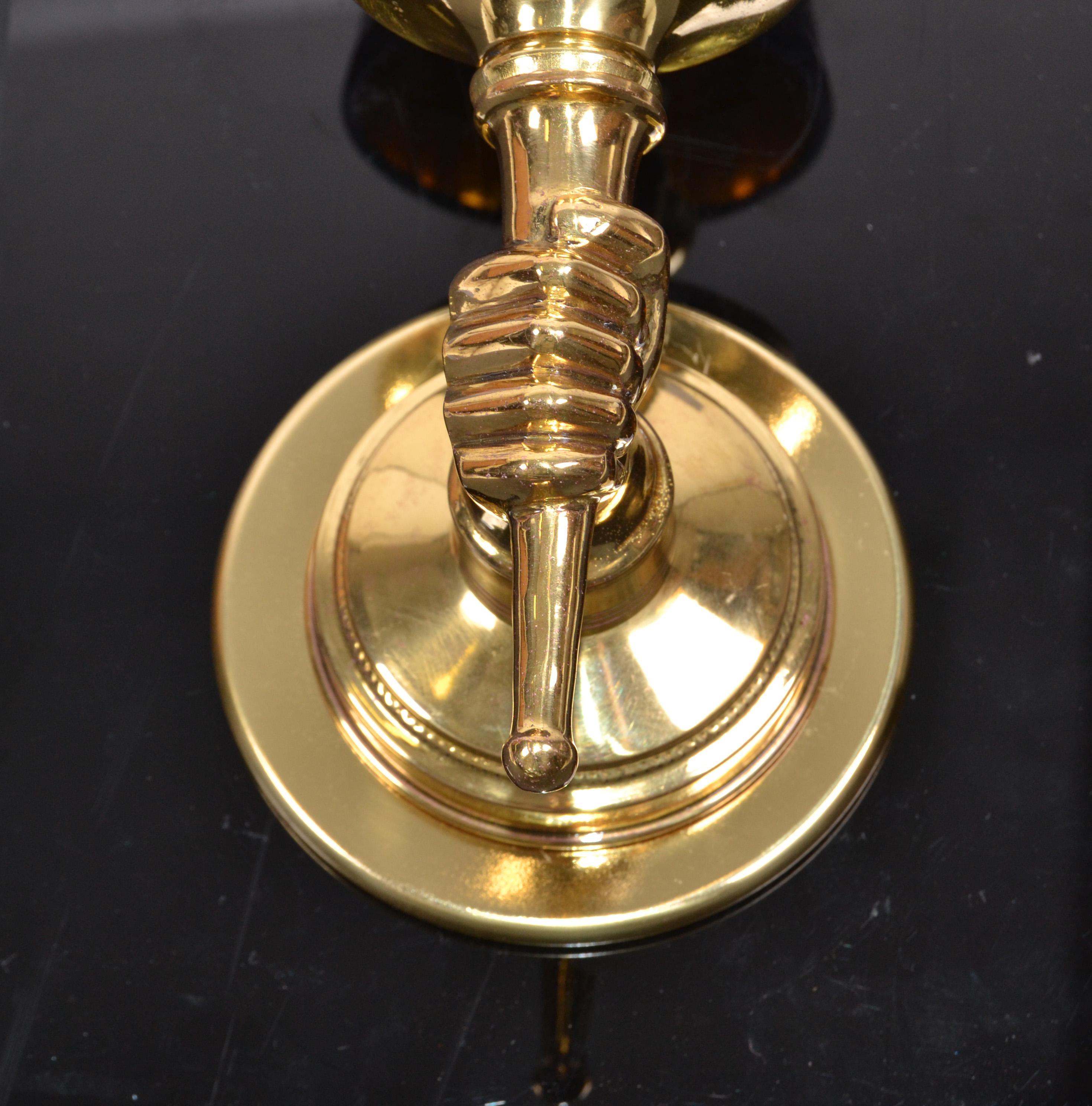 Andre Arbus Style Bronze Hand Sconce & Opaline Shade - Pair, 3 Pair available For Sale 1
