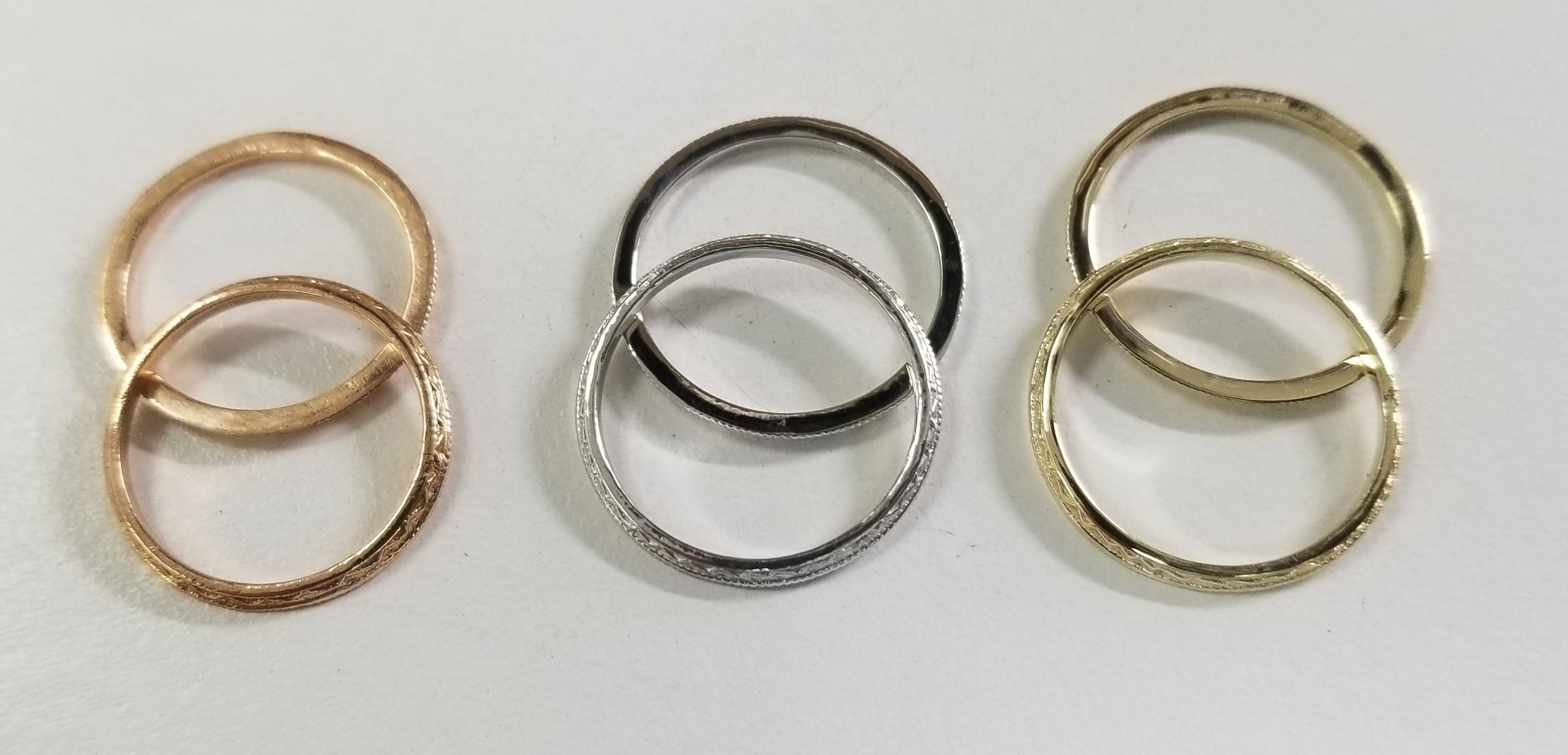 3 Pair of 14 Karat Rose, White and Yellow Hand Engraved Beveled Edge Guard Rings For Sale 1