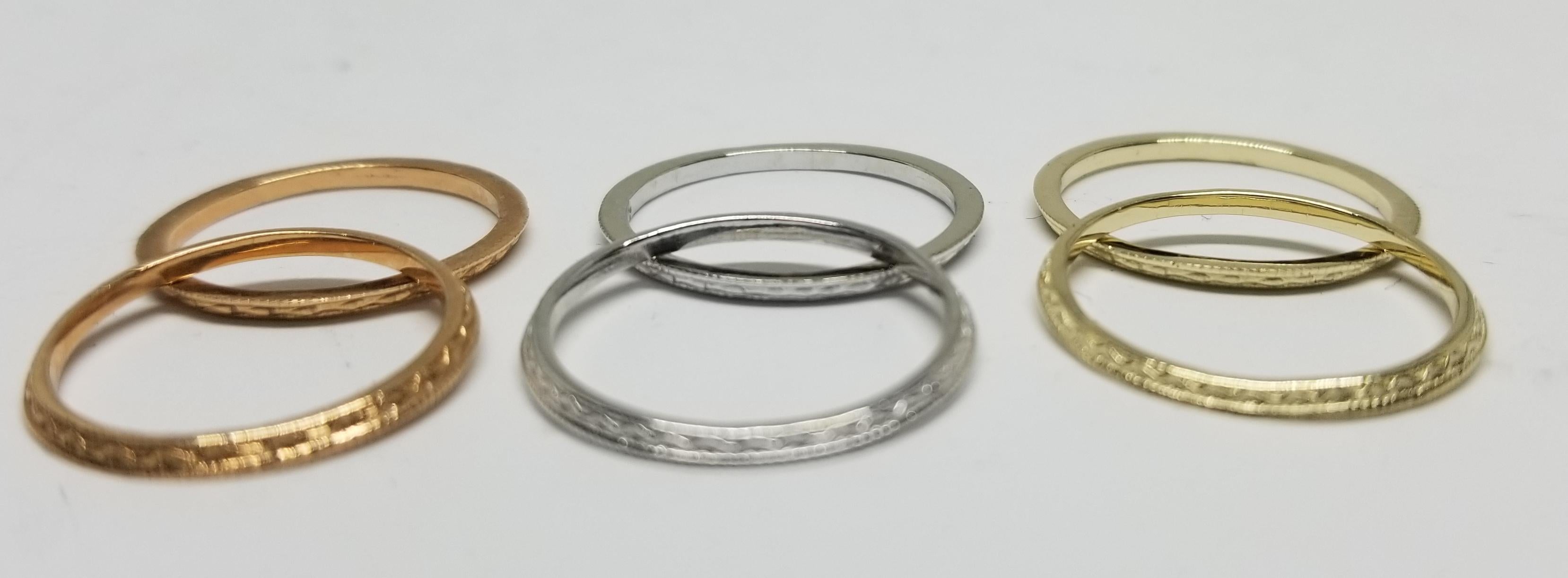 3 Pair of 14 Karat Rose, White and Yellow Hand Engraved Beveled Edge Guard Rings For Sale 2