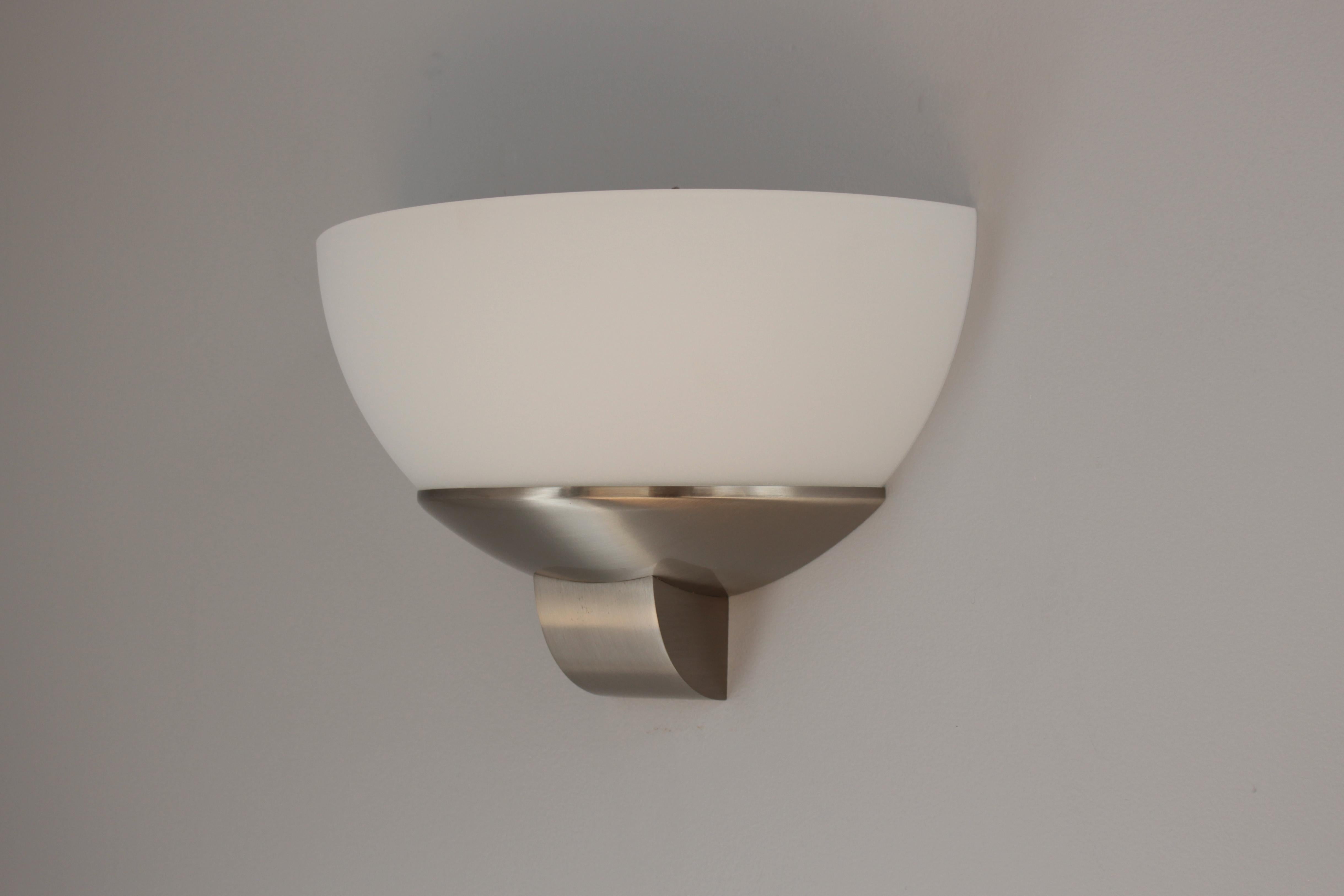 3 pairs of Fine French Art Deco Brushed Nickel and Glass Sconces by Jean Perzel For Sale 7