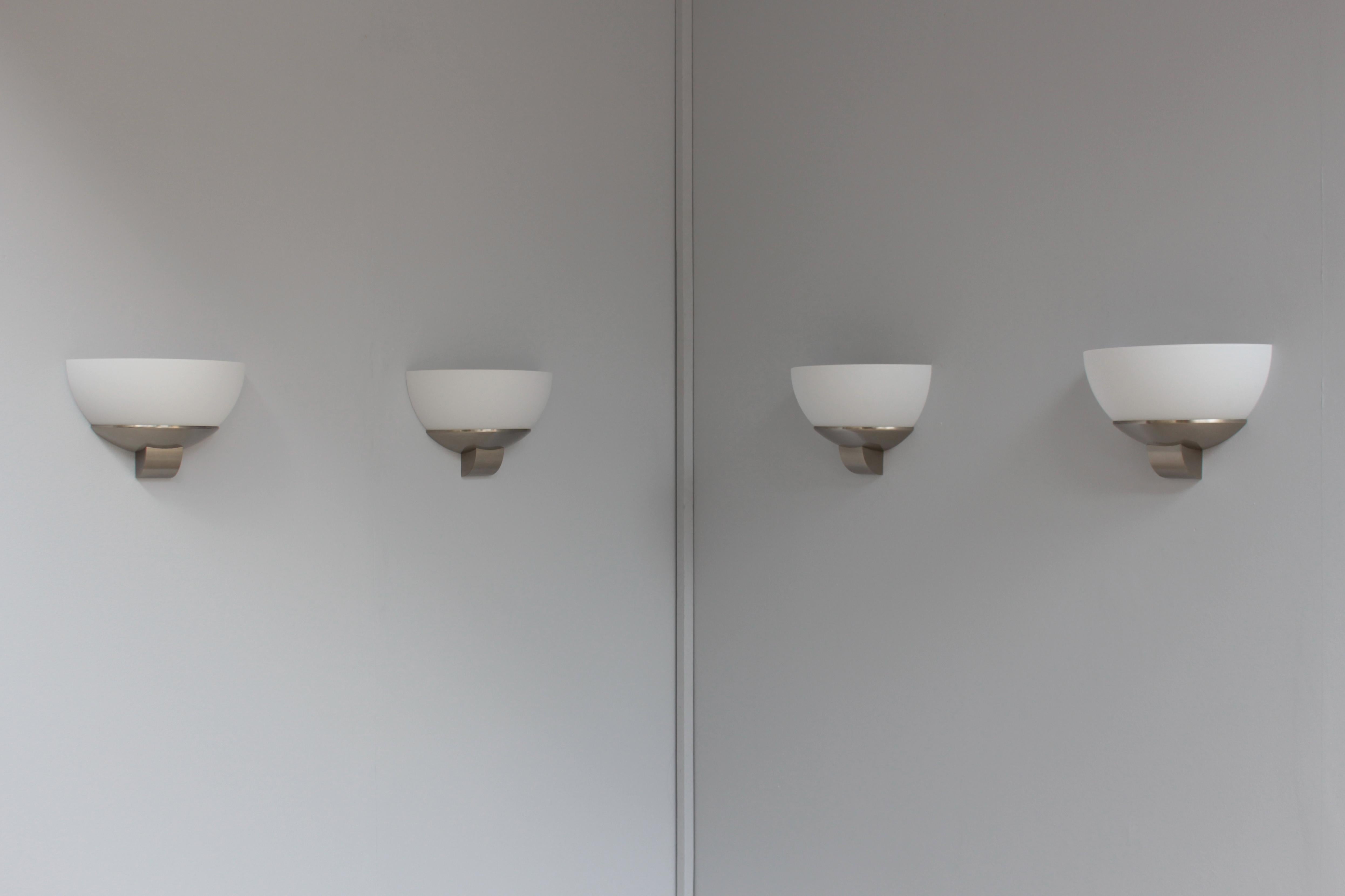 3 pairs of Fine French Art Deco Brushed Nickel and Glass Sconces by Jean Perzel In Good Condition For Sale In Long Island City, NY