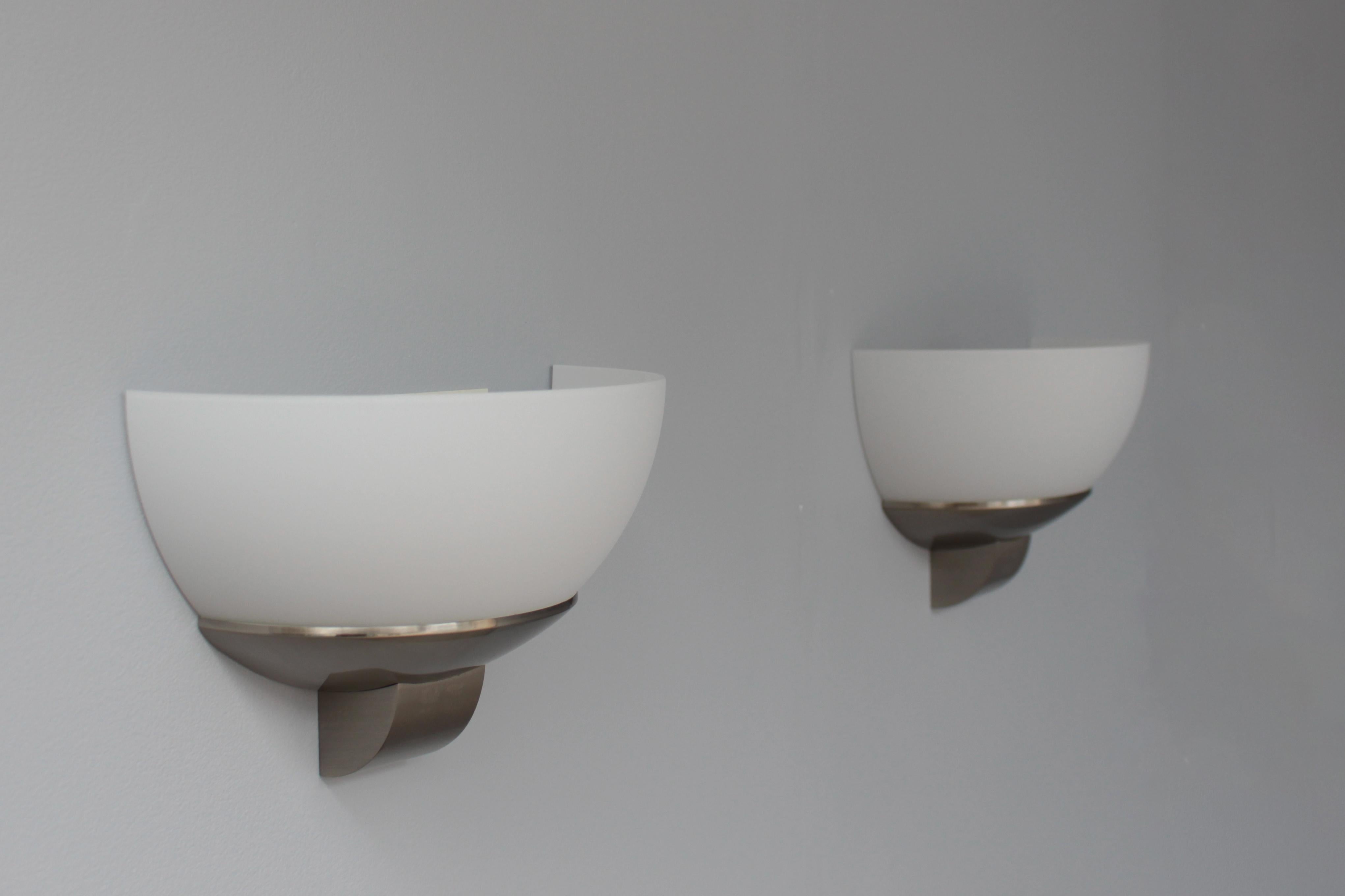 20th Century 3 pairs of Fine French Art Deco Brushed Nickel and Glass Sconces by Jean Perzel For Sale