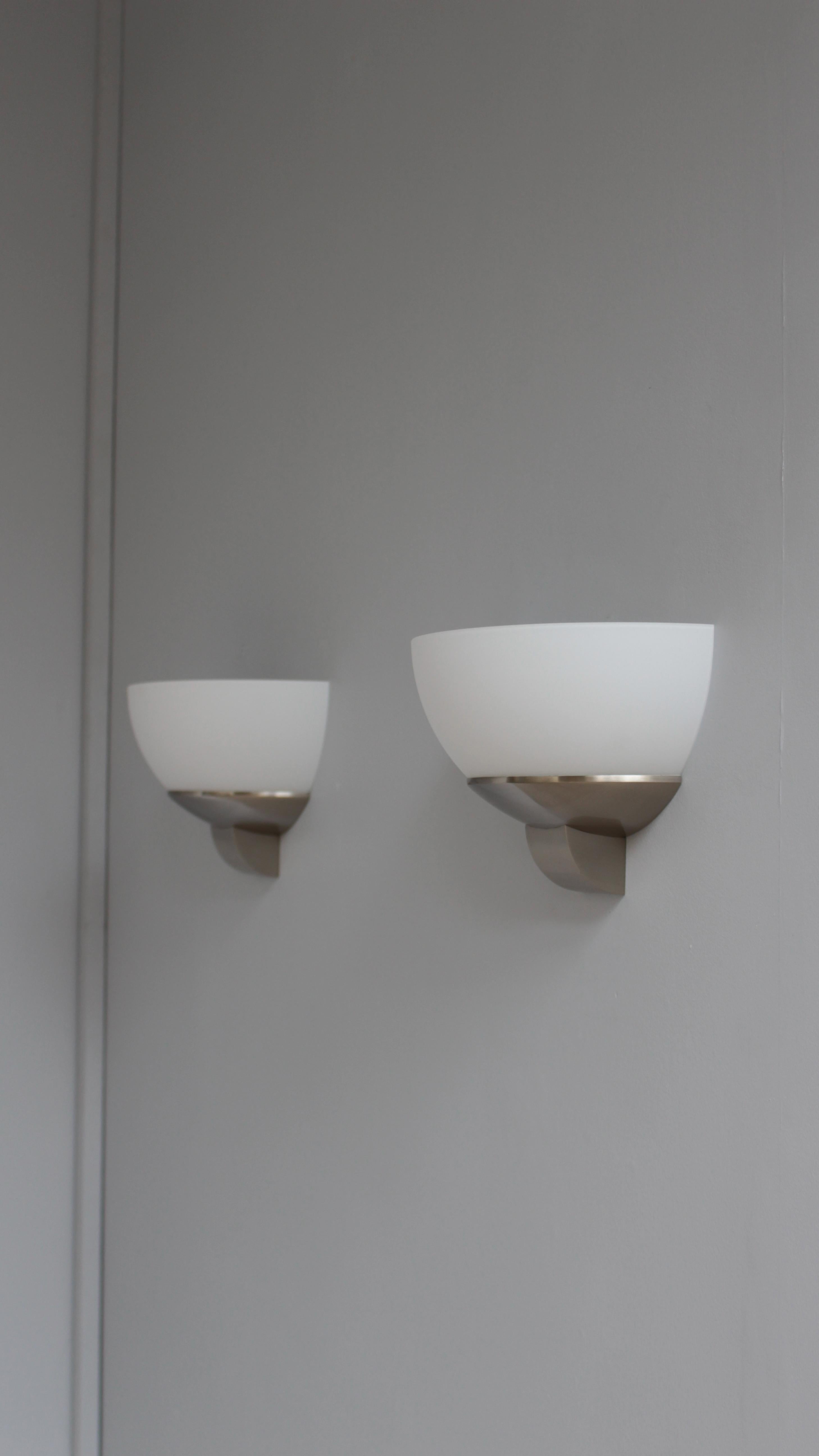 3 pairs of Fine French Art Deco Brushed Nickel and Glass Sconces by Jean Perzel For Sale 1