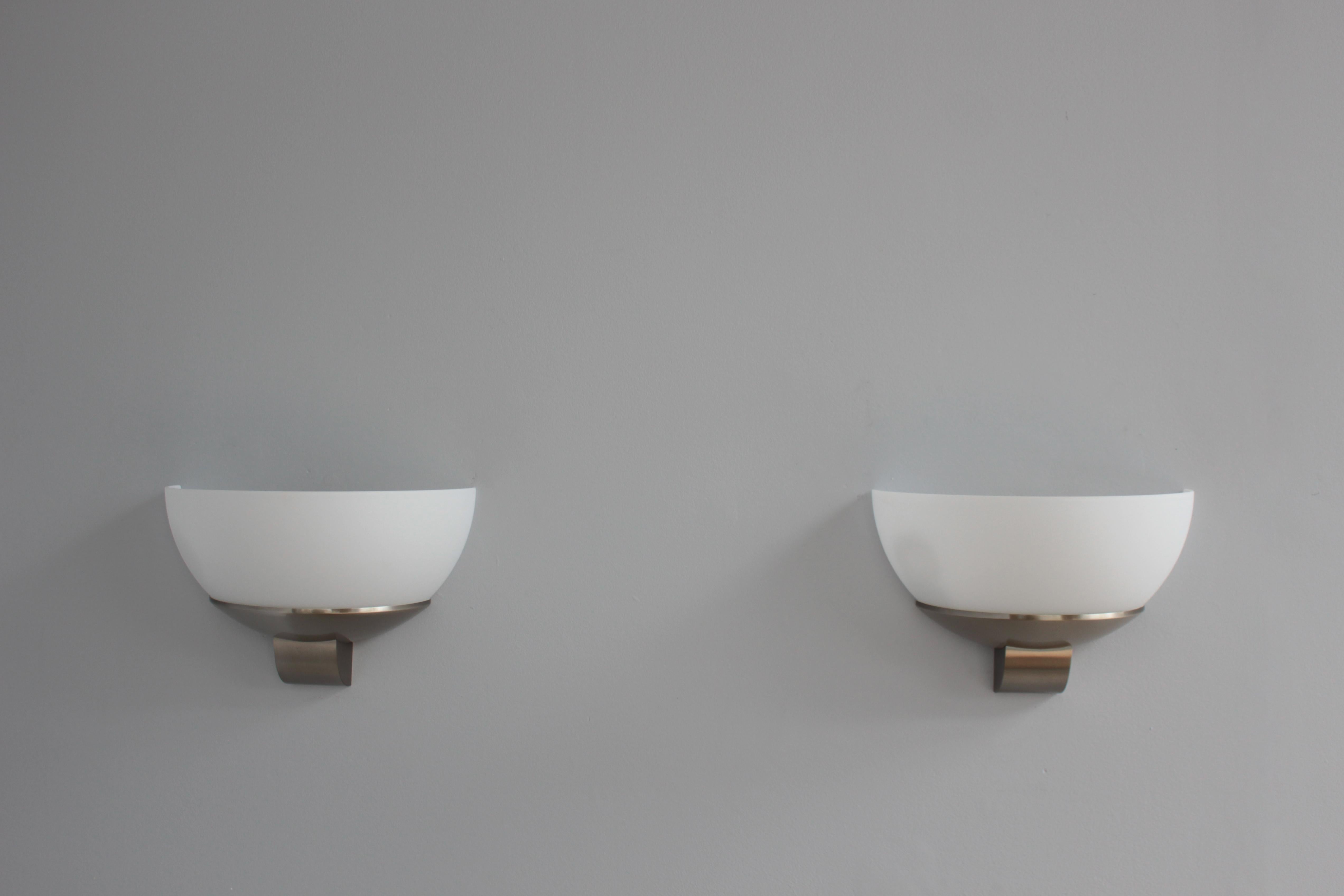 3 pairs of Fine French Art Deco Brushed Nickel and Glass Sconces by Jean Perzel For Sale 2
