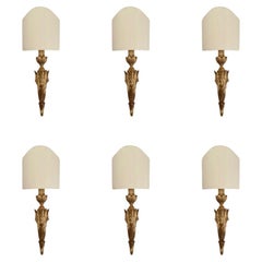 3 Pairs of Italian Neoclassical Giltwood Large Wall Lights with Shades