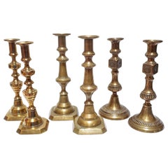 3 Pairs of Tall Victorian Brass Candlesticks, England, circa 1830-1860