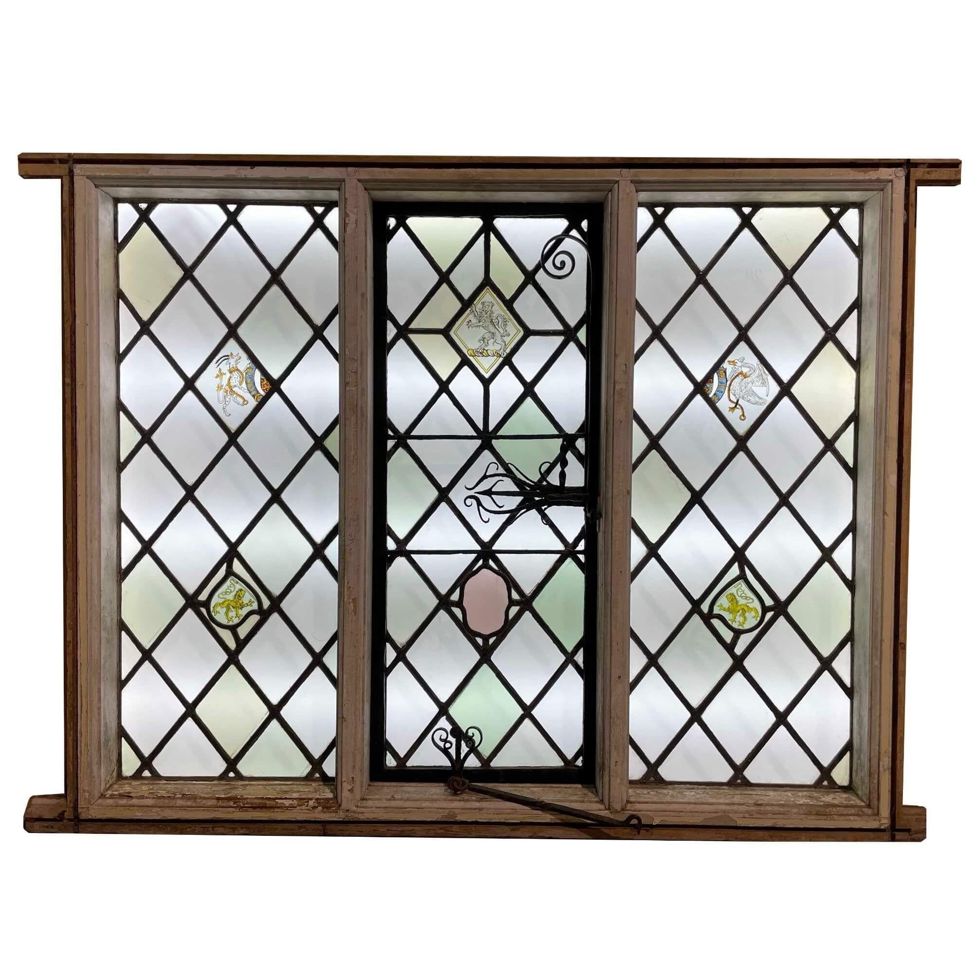3 Pane Antique Heraldic Stained Glass Window 3