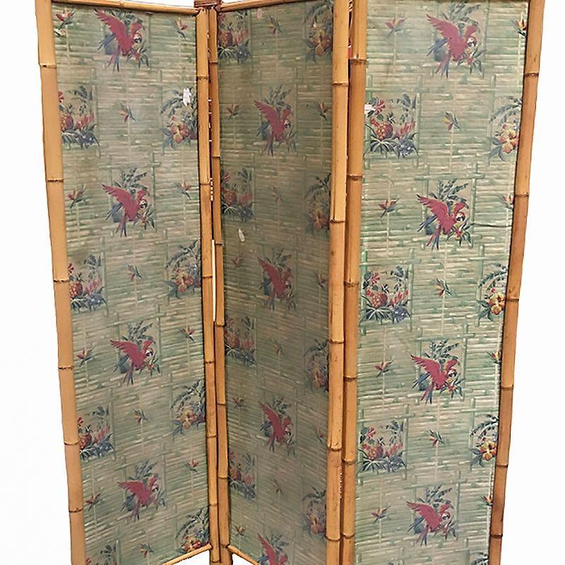 American 3 Panel Bamboo and Parrot Print Folding Screen, 1940 For Sale
