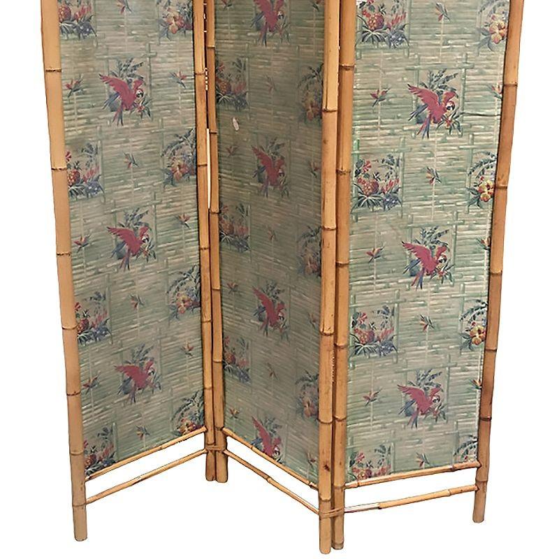 3 Panel Bamboo and Parrot Print Folding Screen, 1940 In Excellent Condition For Sale In Van Nuys, CA