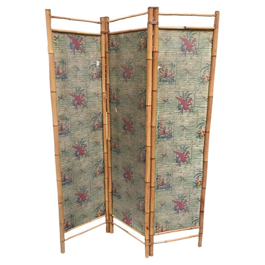 3 Panel Bamboo and Parrot Print Folding Screen, 1940 For Sale