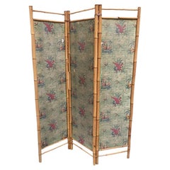 Vintage 3 Panel Bamboo and Parrot Print Folding Screen, 1940